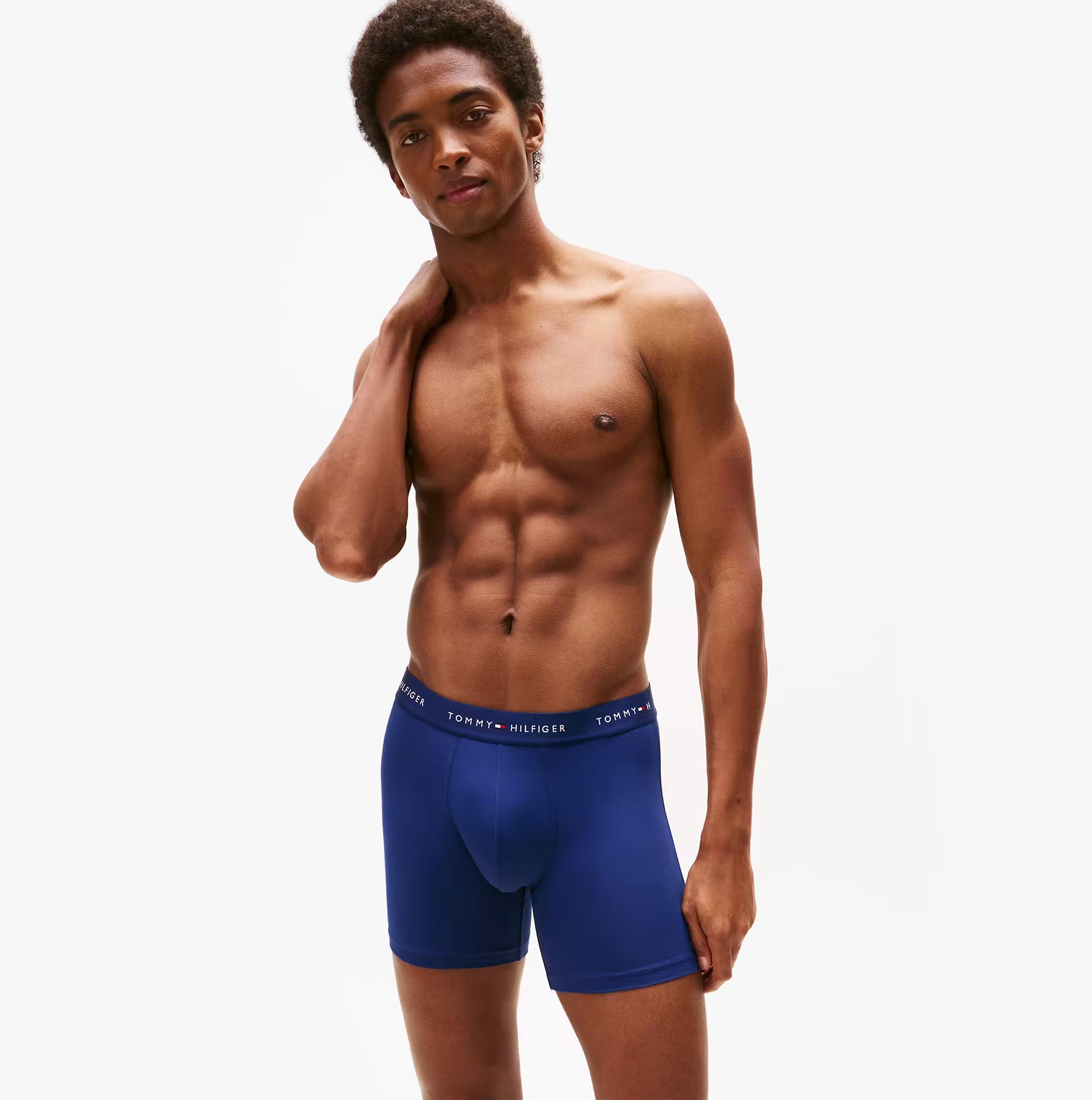 Tommy Hilfiger Mens Signature Microfibre 3 Pack Boxer Briefs Blue Multi side view model wearing boxer briefs