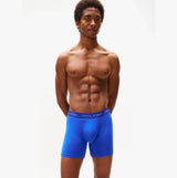 Tommy Hilfiger Mens Signature Microfibre 3 Pack Boxer Briefs Blue Multi front view on model showing fit and design.