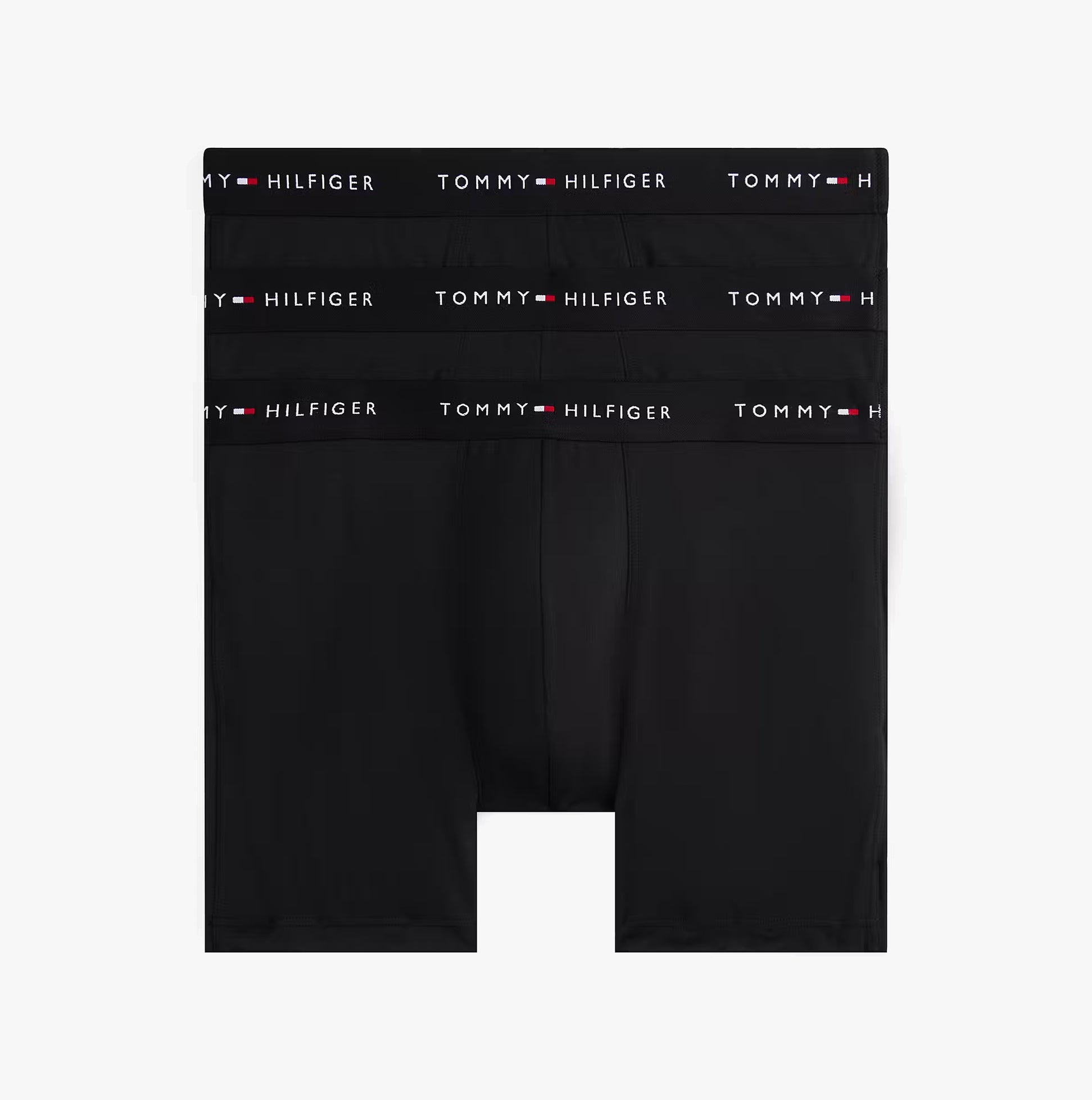 Tommy Hilfiger Mens Signature Microfibre 3 Pack Boxer Briefs Black top view of multiple boxer briefs showing signature logo waistband