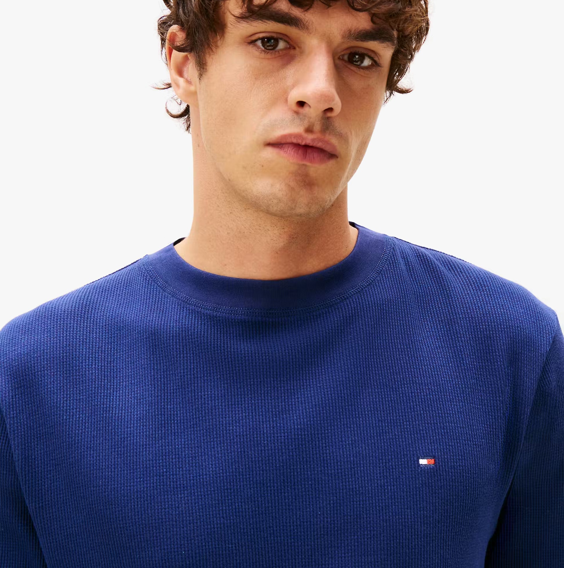 Tommy Hilfiger LS WAFFLE TOP Mens Loungewear Preppy Navy front view featuring crew neck design and logo detail.