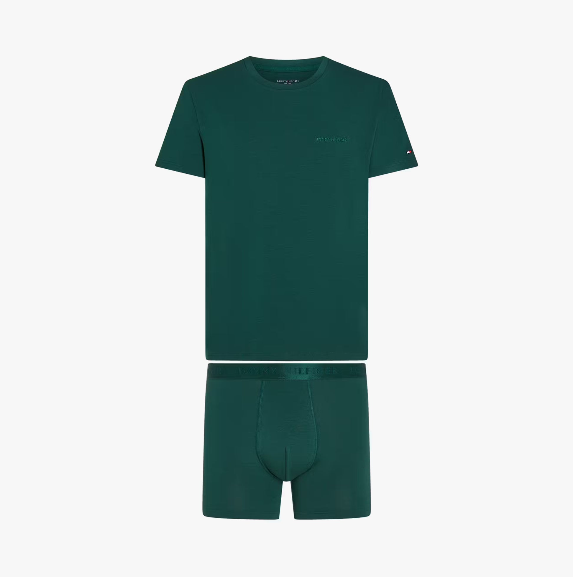 Tommy Hilfiger Mens Boxer Briefs & T-Shirt Green front view, featuring soft fabric and comfortable fit.