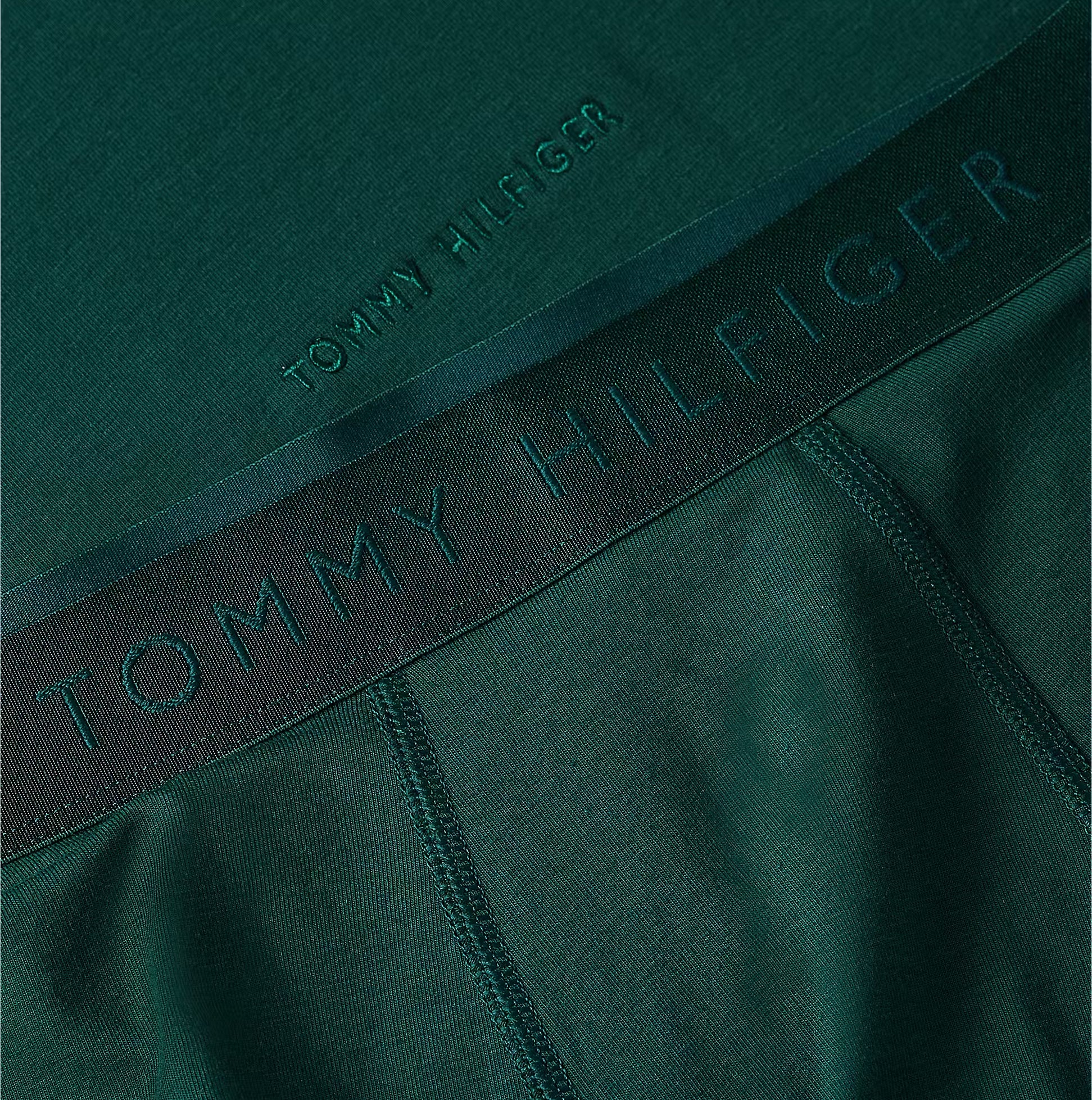 Tommy Hilfiger Mens Boxer Briefs & T-Shirt Green close-up view of waistband with logo detail on dark green fabric.