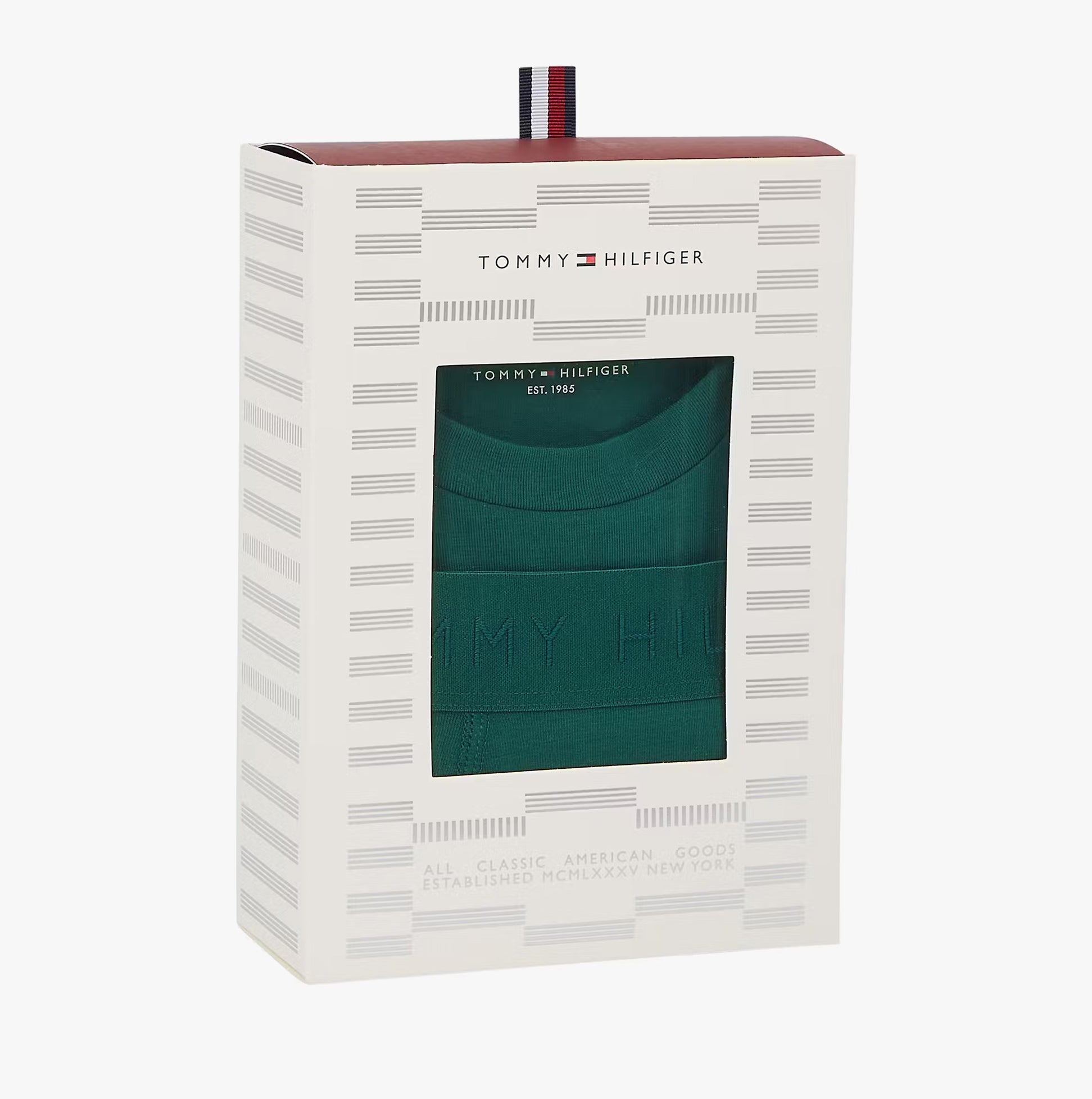 Tommy Hilfiger Mens Boxer Briefs & T-Shirt Green in gift box, front view showcasing the box design.