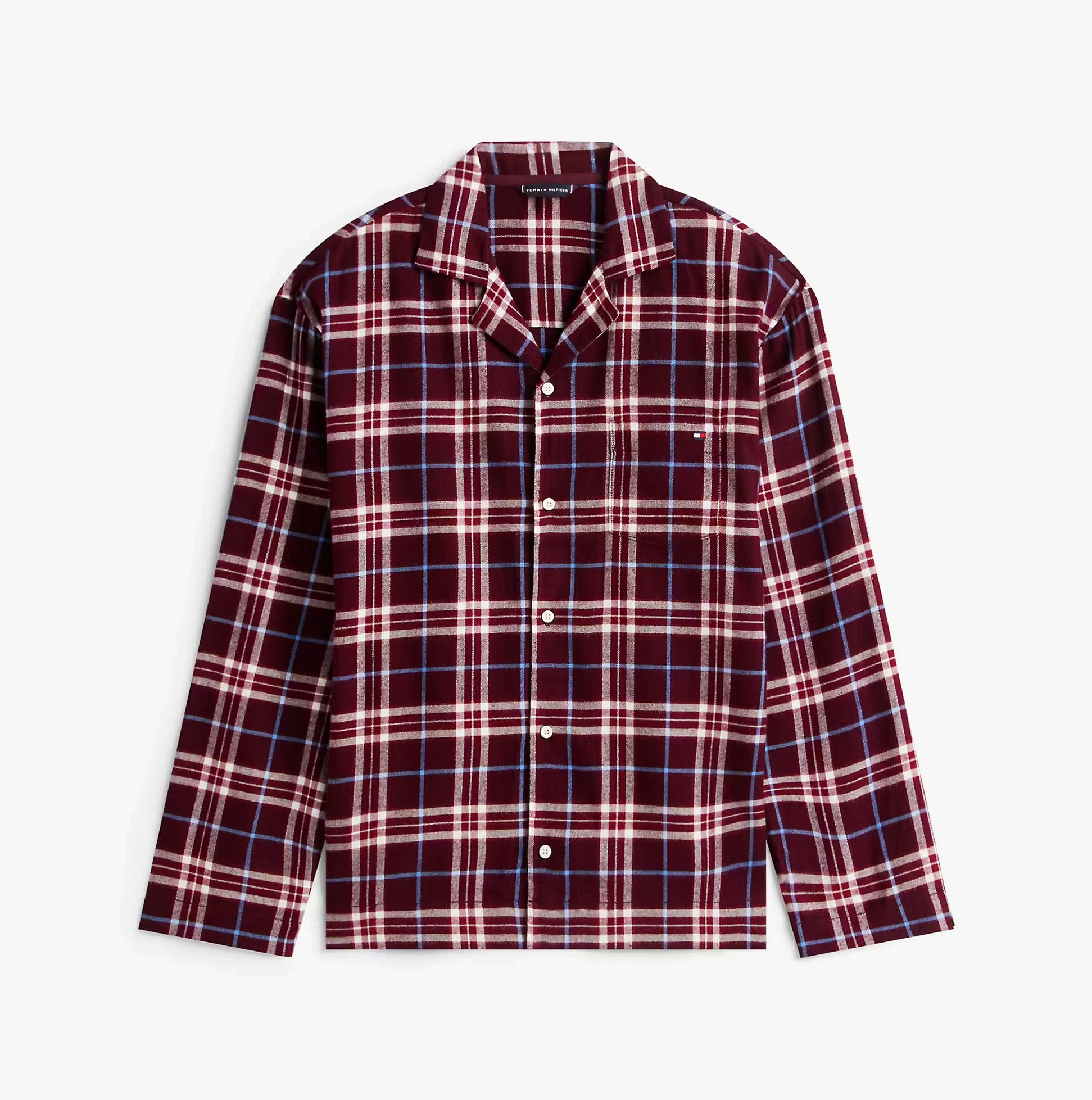 Tommy Hilfiger RELAXED FLANNEL PJ Mens Set Tartan Reiker Burgundy front view, plaid pattern, long sleeve, cotton blend.