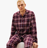 Tommy Hilfiger RELAXED FLANNEL PJ Mens Set Tartan Reiker Burgundy front view with model, showcasing long sleeve and relaxed fit.