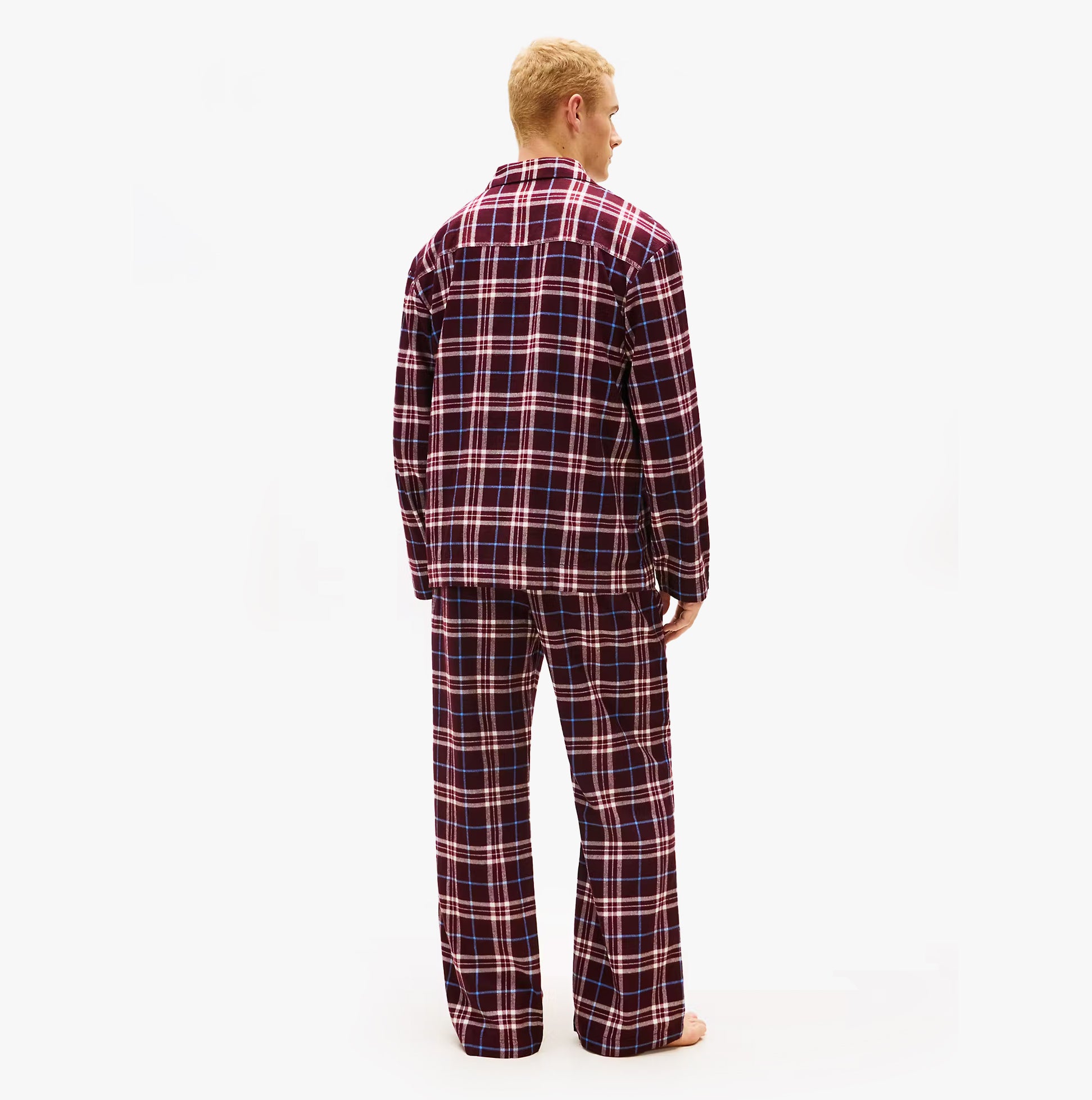 Tommy Hilfiger RELAXED FLANNEL PJ Mens Set Tartan Reiker Burgundy back view showcasing plaid design and relaxed fit.