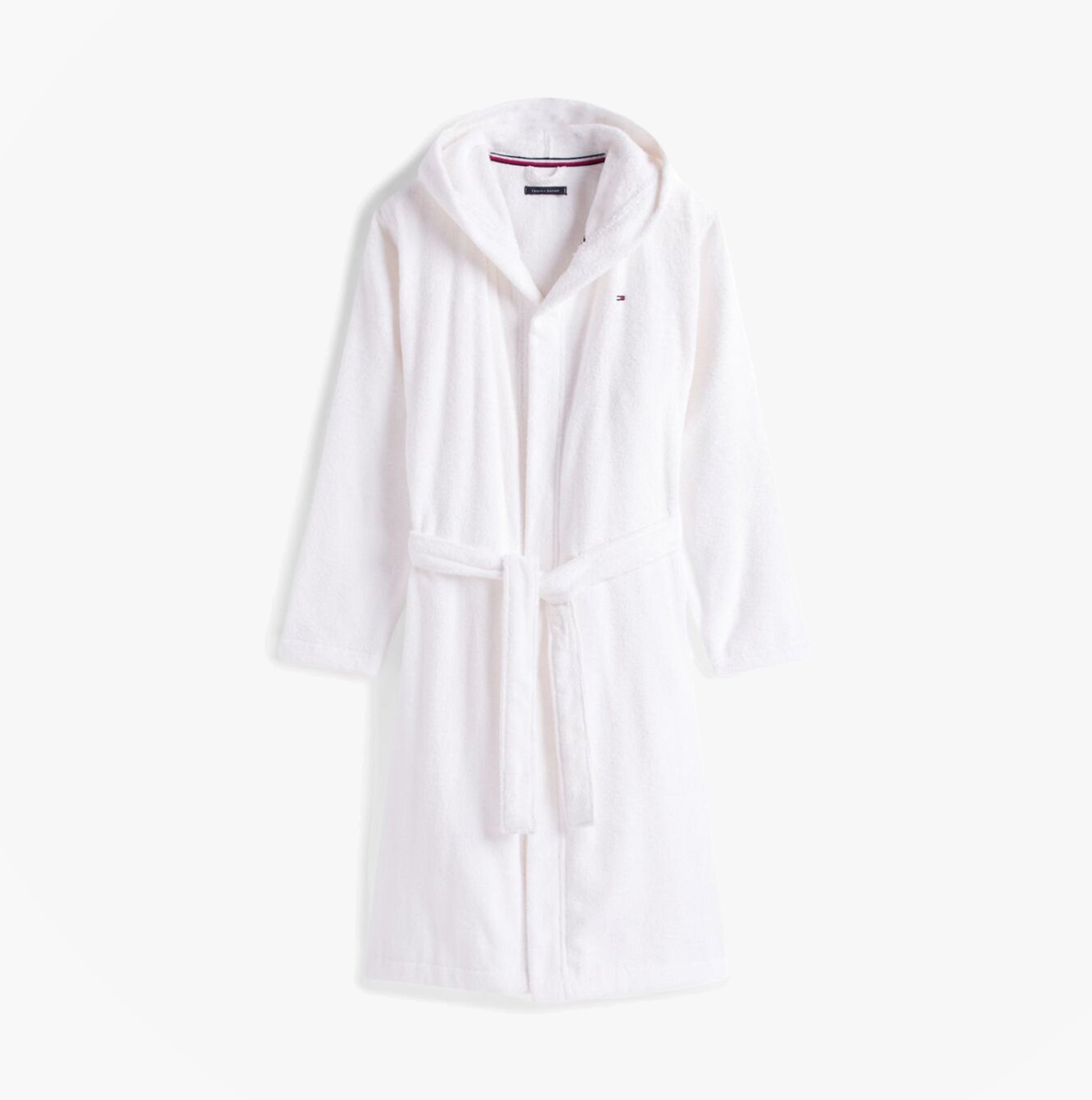 Tommy Hilfiger HOODED TOWELLING ROBE Mens Optic White front view, 100% cotton, long sleeves, relaxed fit, two patch pockets.