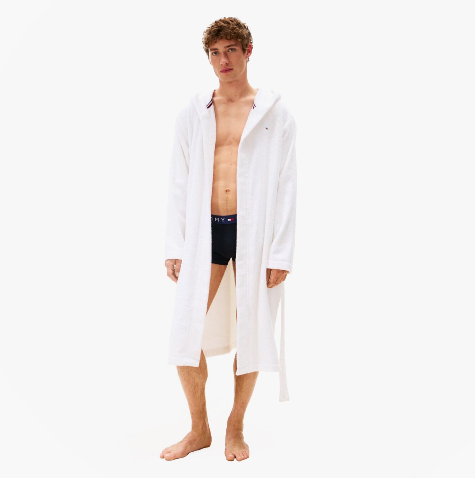 Tommy Hilfiger HOODED TOWELLING ROBE Mens Optic White front view on model with hood and long sleeves.