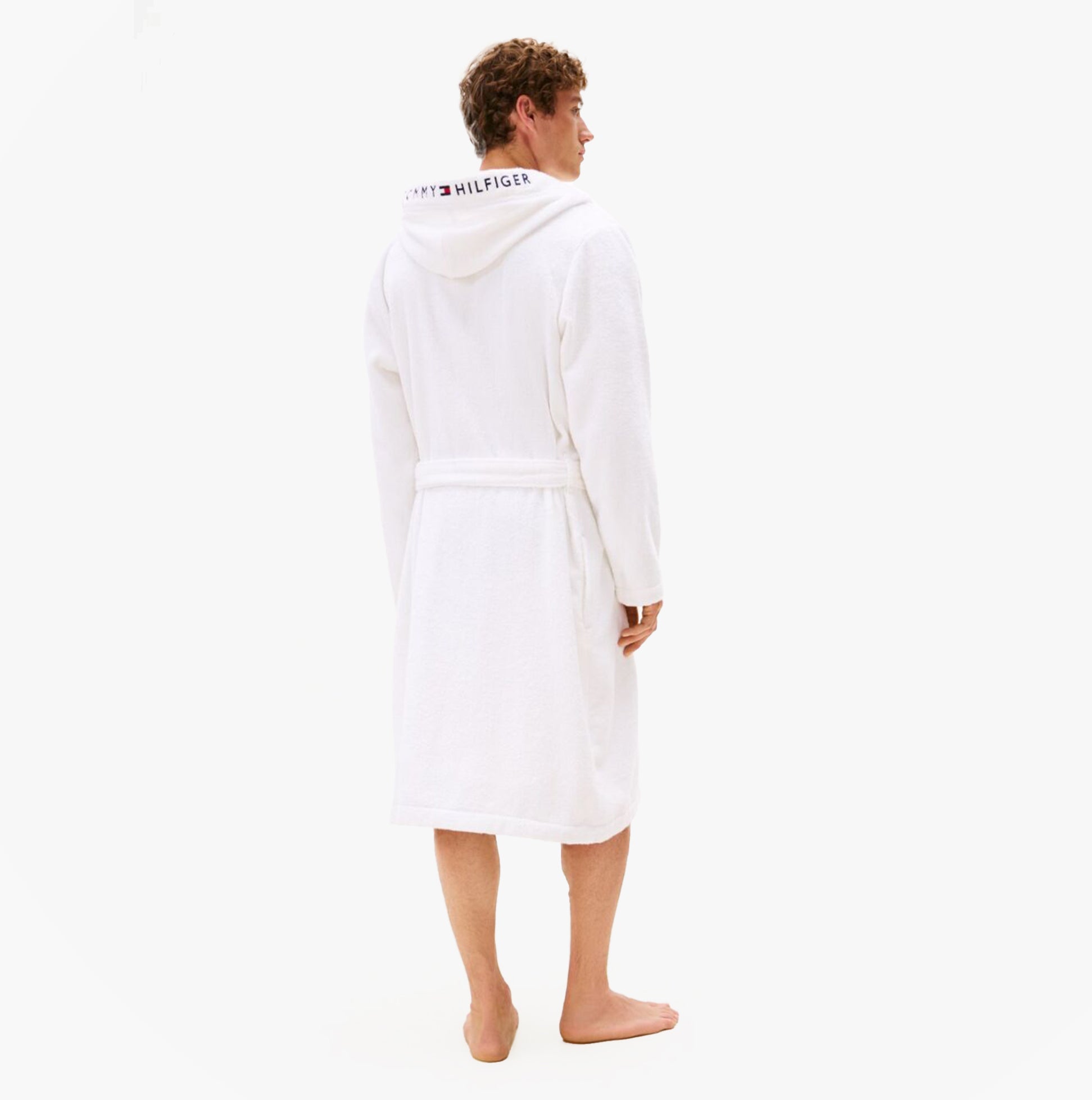 Tommy Hilfiger HOODED TOWELLING ROBE Mens Optic White back view showcasing relaxed fit and hood.