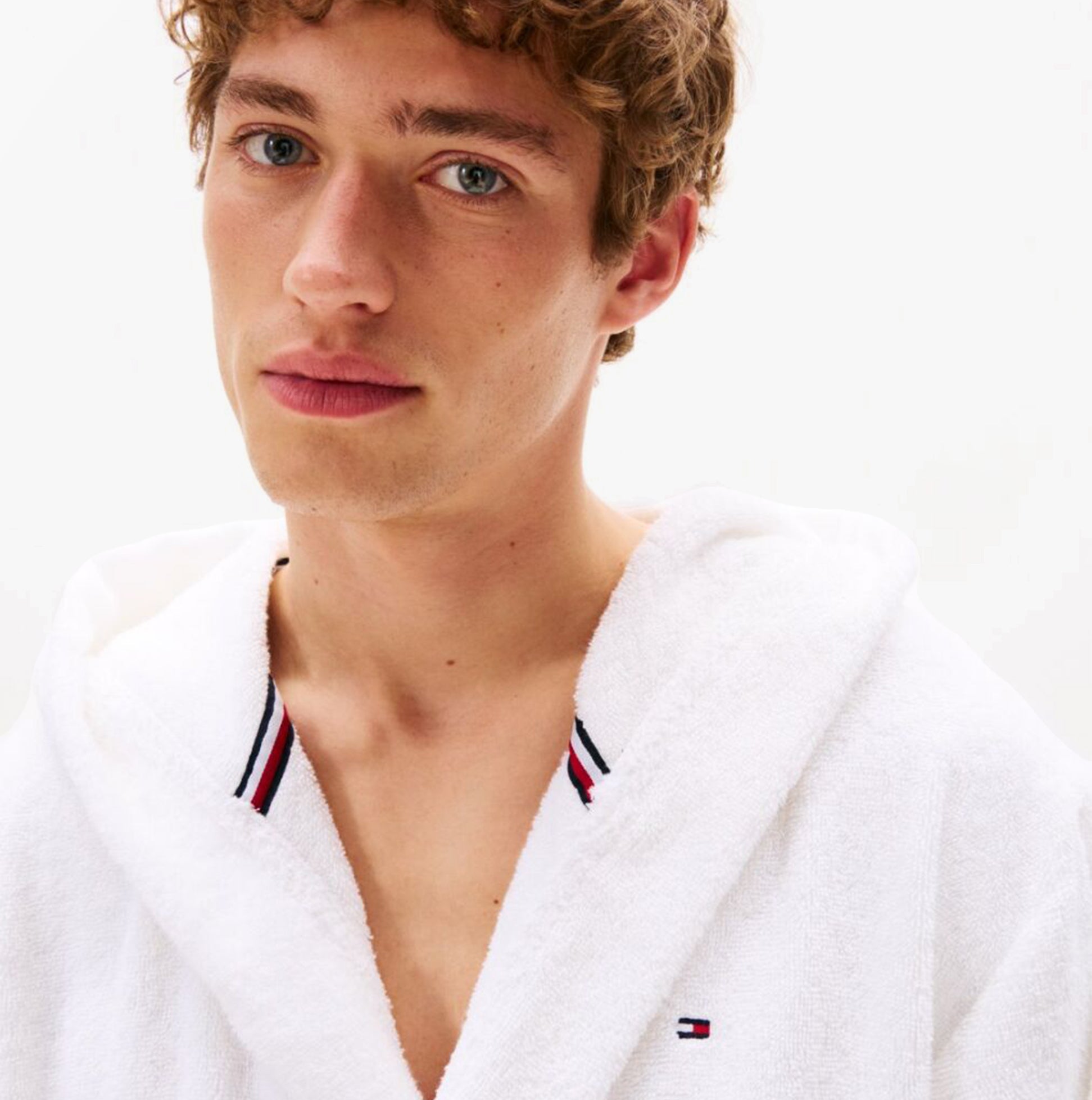 Tommy Hilfiger HOODED TOWELLING ROBE Mens Optic White front view with model wearing robe.