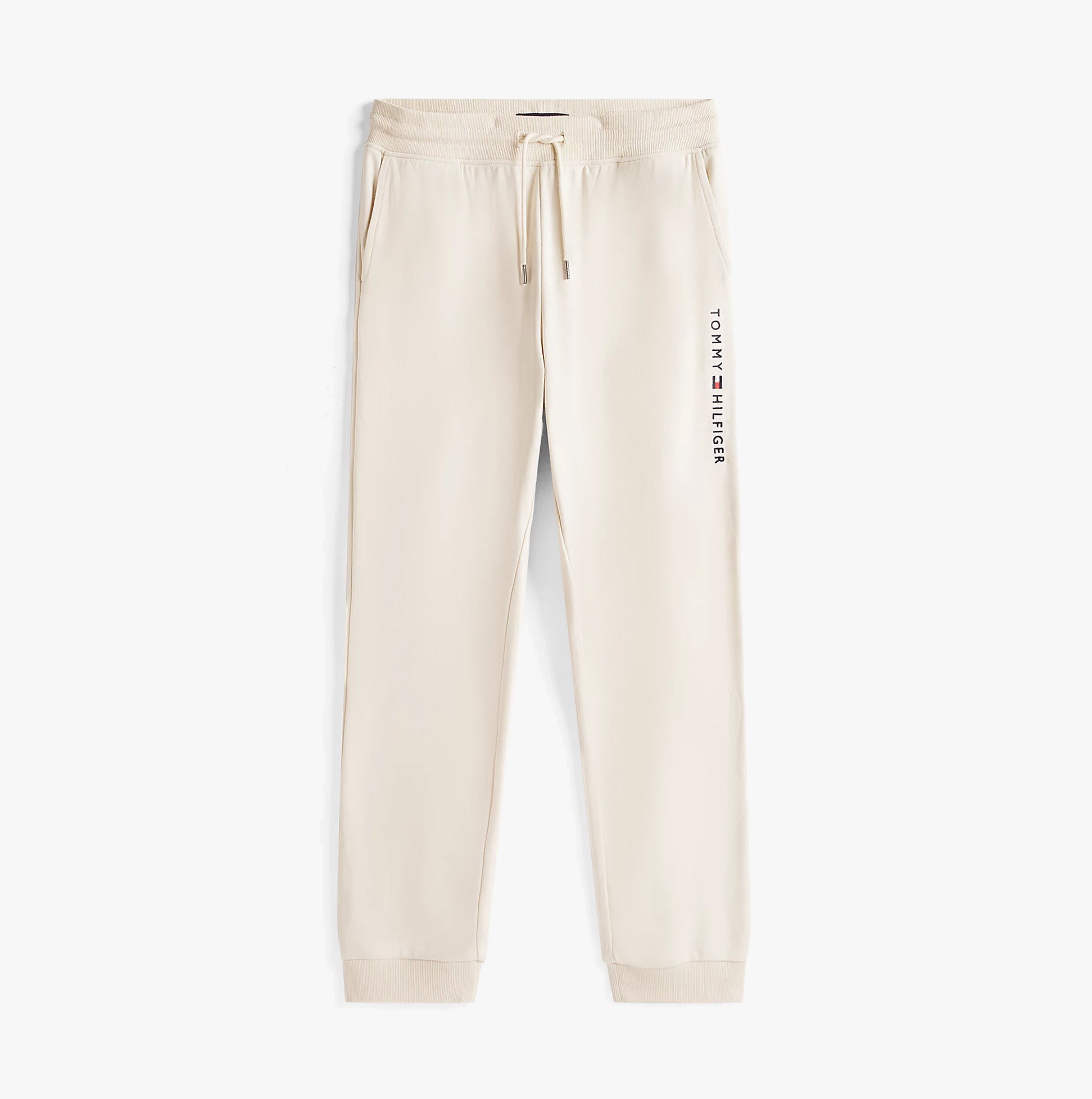 Tommy Hilfiger TH Original Mens Logo Lounge Joggers Off White Newsprint front view showing logo and drawstring details.