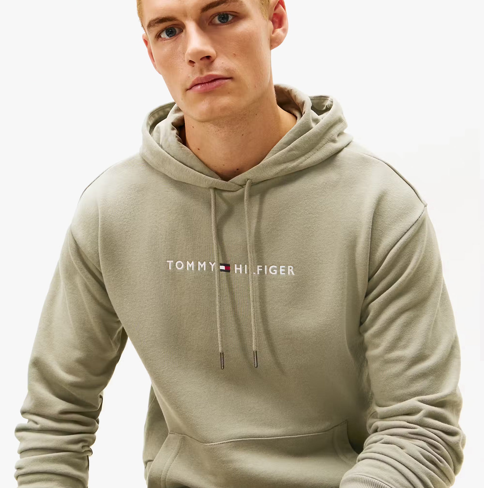 Tommy Hilfiger HOODIE Mens Drawstring Lounge Hoody Utility Sage front view model wearing