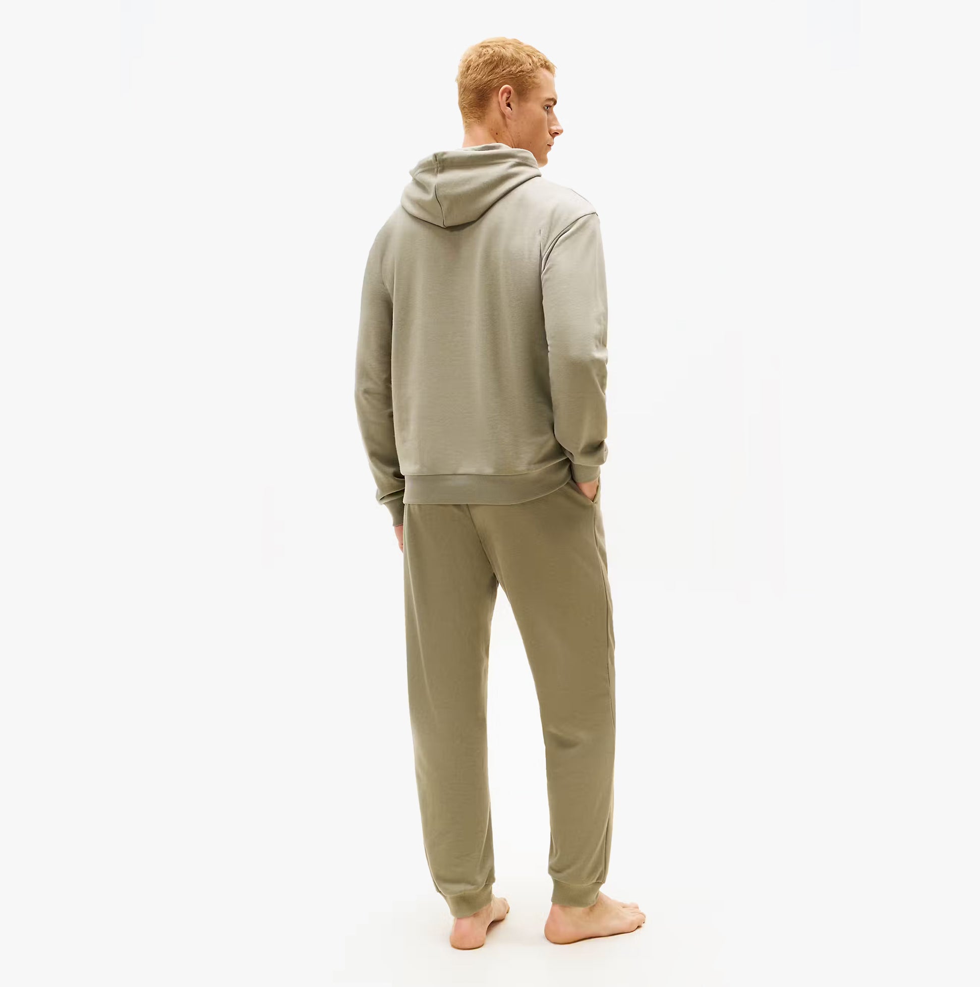 Tommy Hilfiger HOODIE Mens Drawstring Lounge Hoody Utility Sage back view on model wearing comfortable outfit.