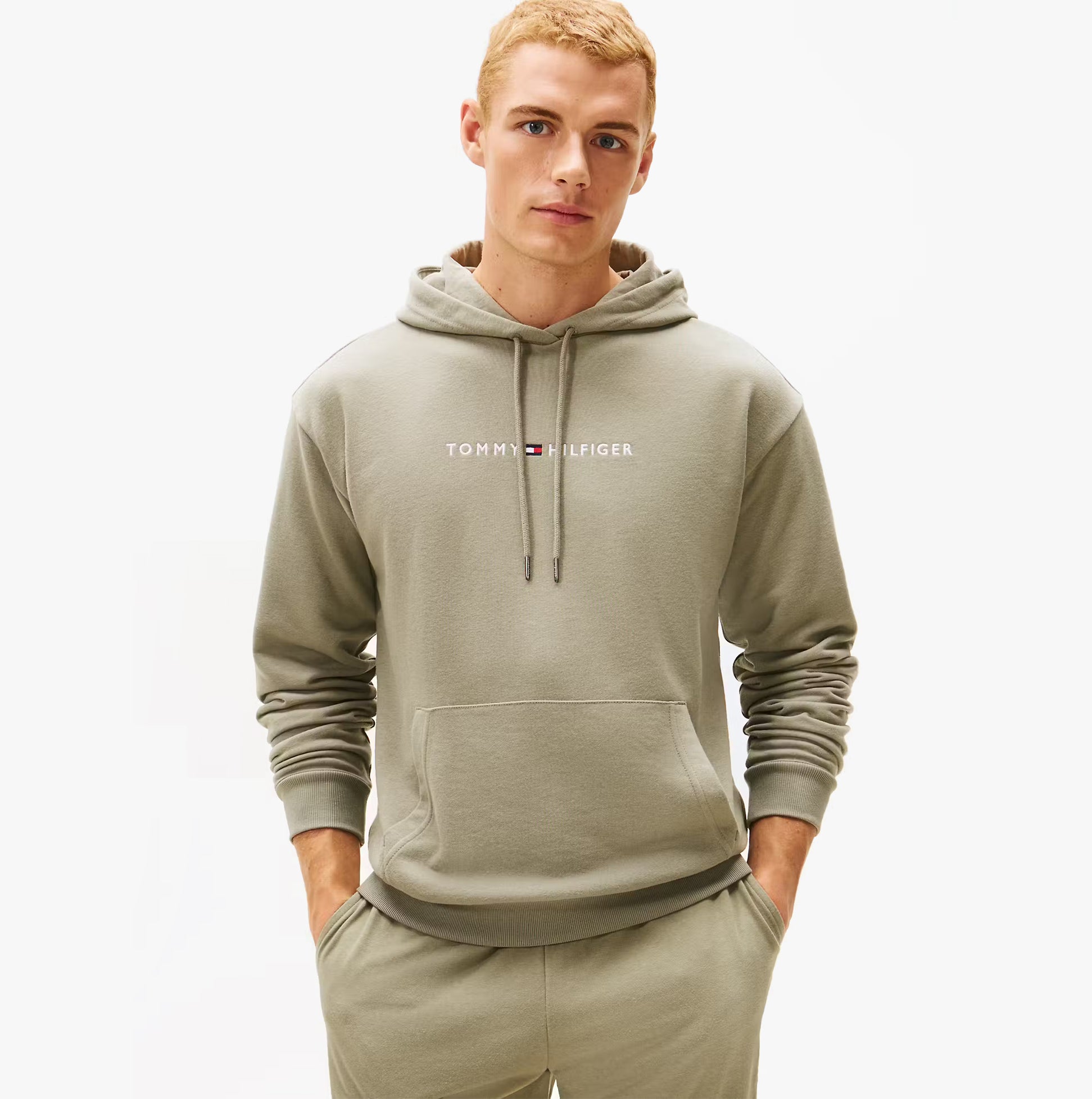 Tommy Hilfiger HOODIE Mens Drawstring Lounge Hoody Utility Sage front view on model