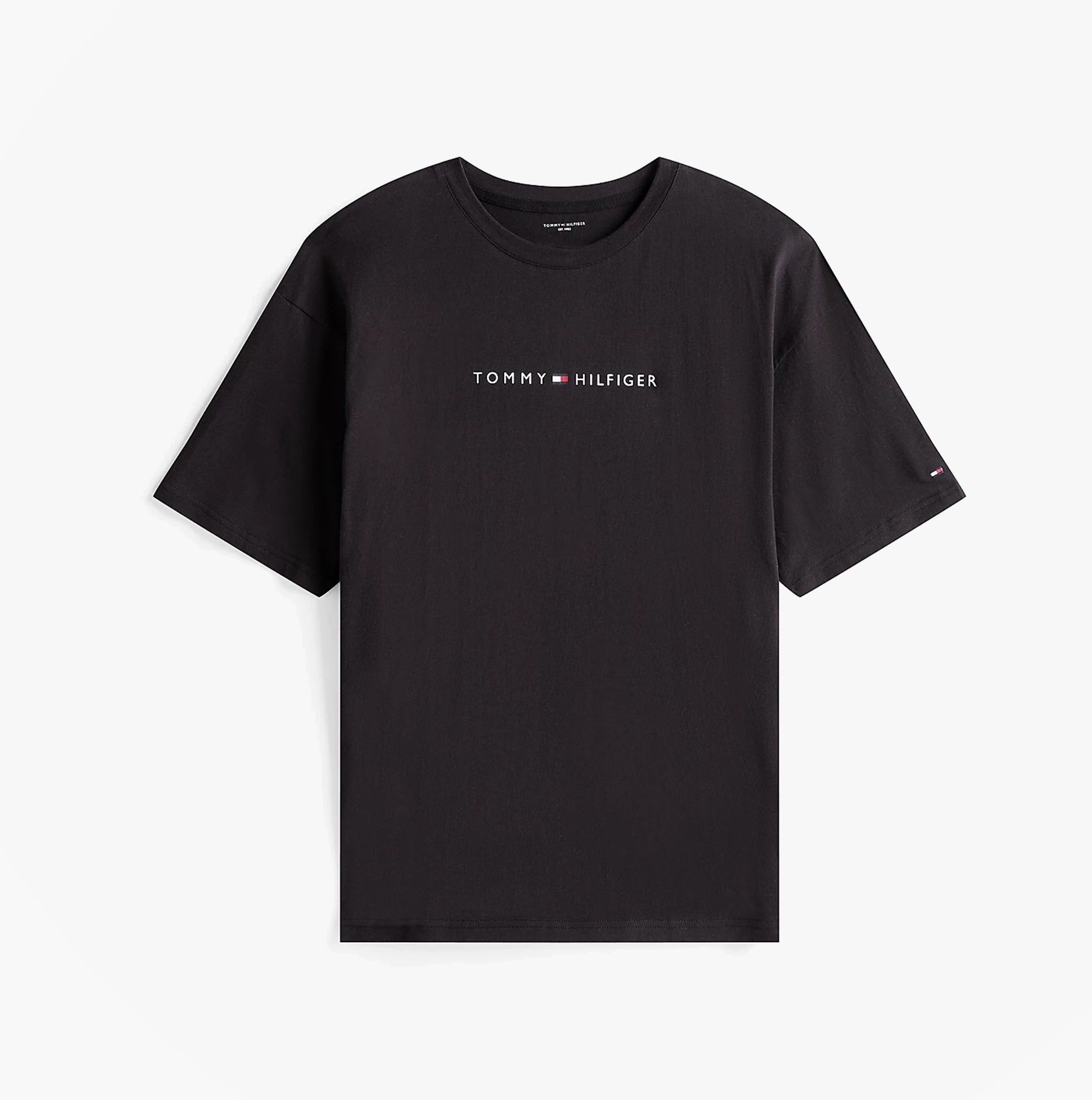 Tommy Hilfiger LOGO T-Shirt Mens Black front view showcasing the bold logo on a 100% cotton fabric.