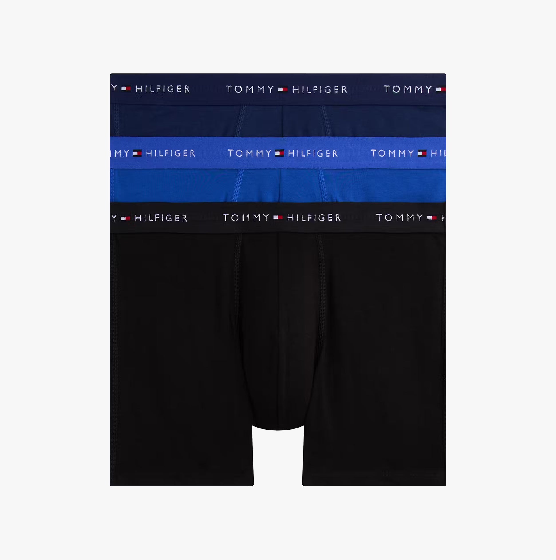 Tommy Hilfiger 3 Pack Mens BOXER BRIEF Multi displayed from a top view showing black, navy, and blue boxer briefs.