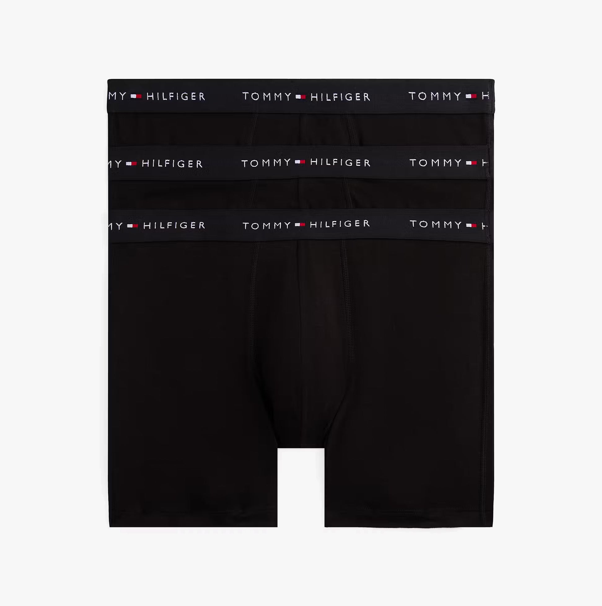 Tommy Hilfiger 3 Pack Mens BOXER BRIEF Black, flat lay view showcasing the three boxer briefs.