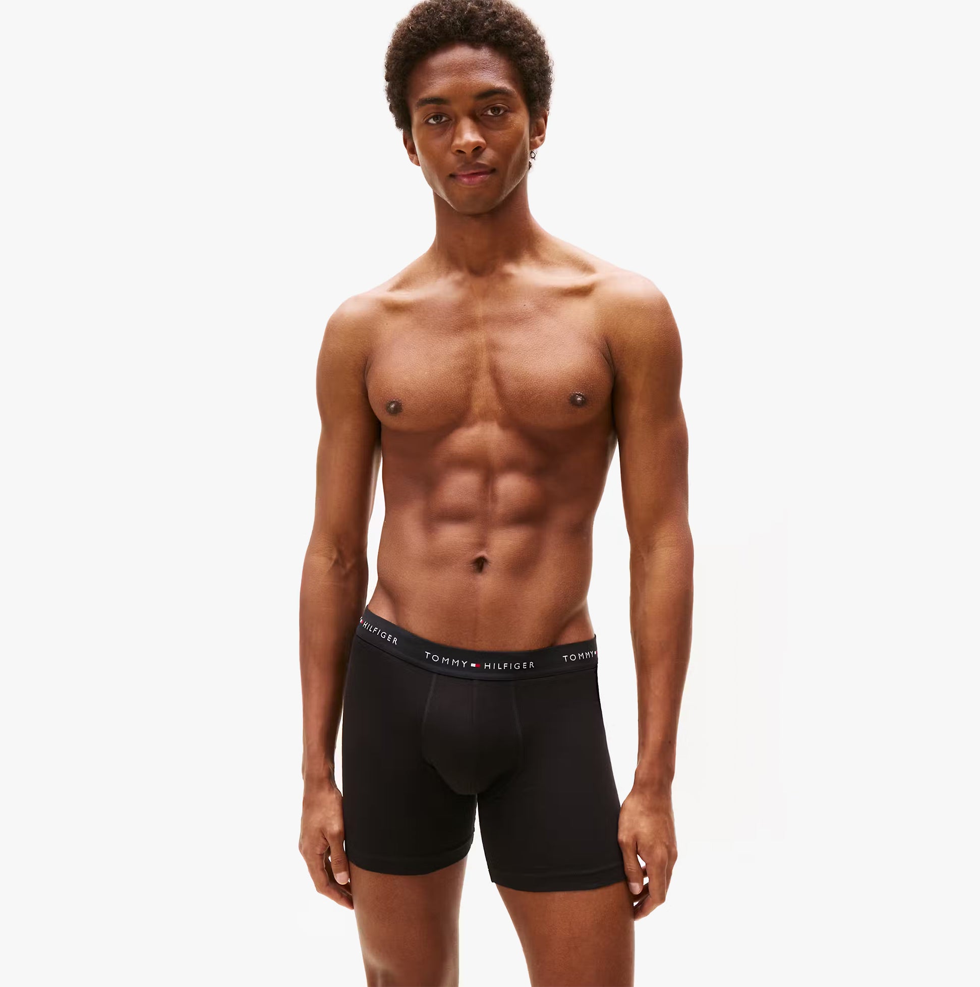 Tommy Hilfiger 3 Pack Mens BOXER BRIEF Black front view model wearing black boxer briefs with logo waistband