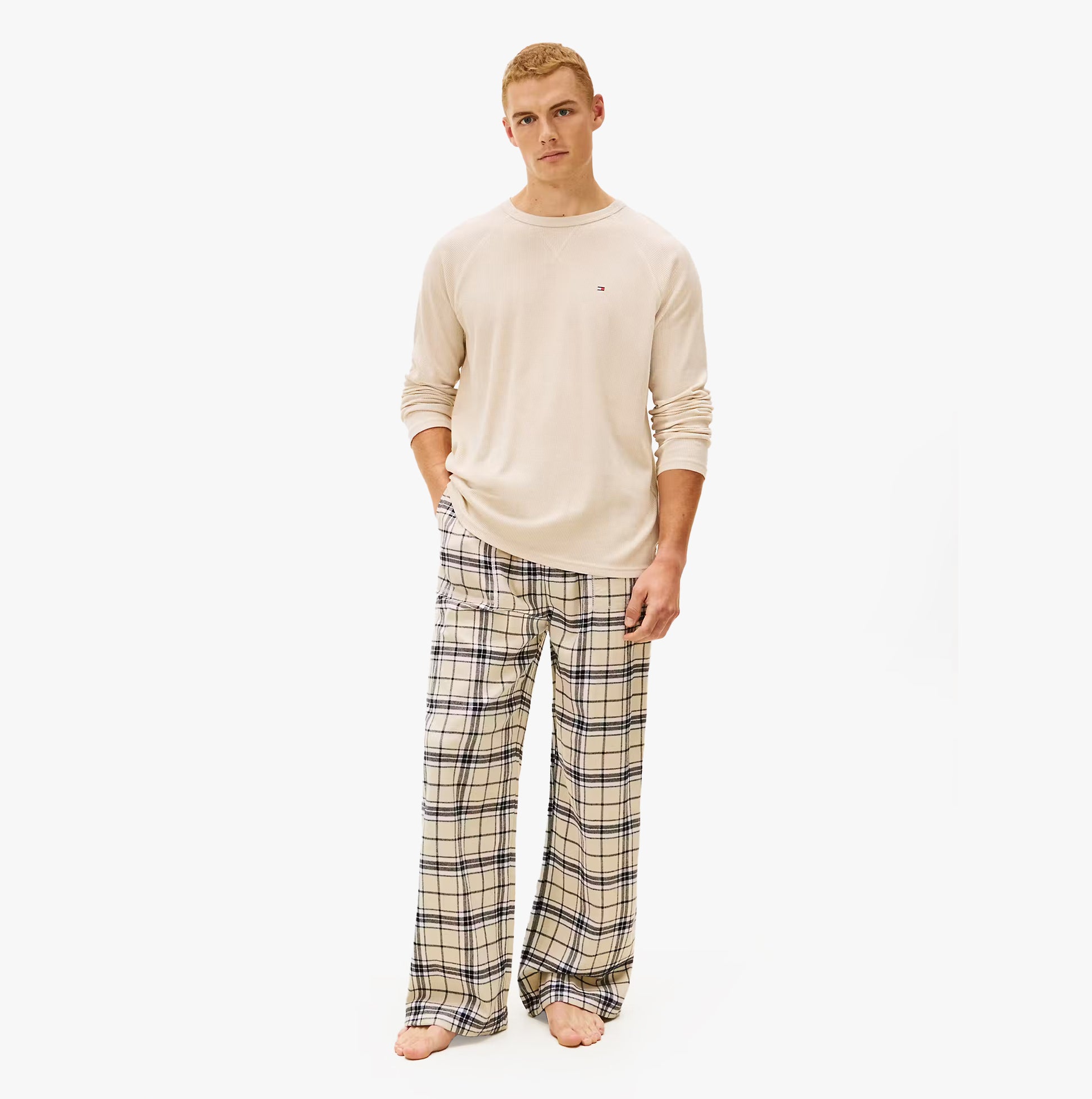 Tommy Hilfiger WAFFLE & PJ Mens Set Multicoloured front view featuring long-sleeve top and plaid pants.