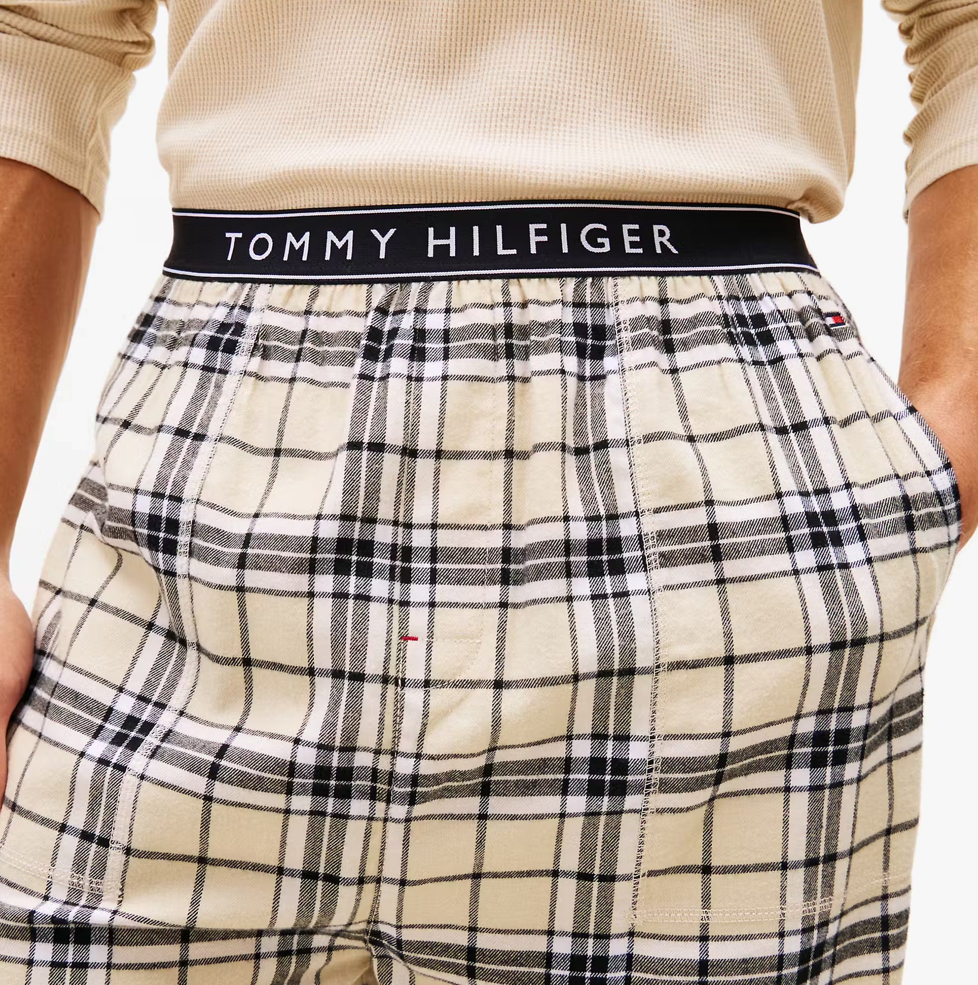 Tommy Hilfiger WAFFLE & PJ Mens Set Multicoloured front view showing plaid pajama pants with waistband.