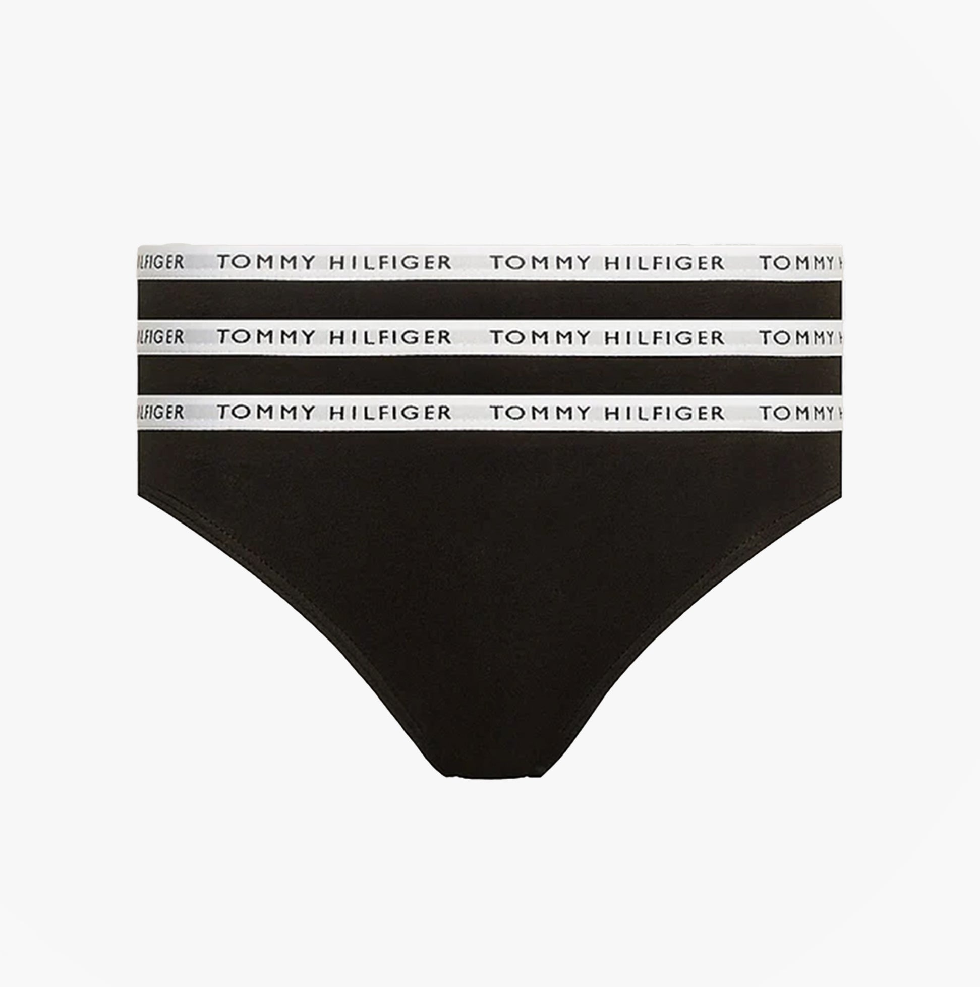 Tommy Hilfiger BIKINI 3 Pack Womens Briefs Black front view showcasing the logo waistband and soft fabric.