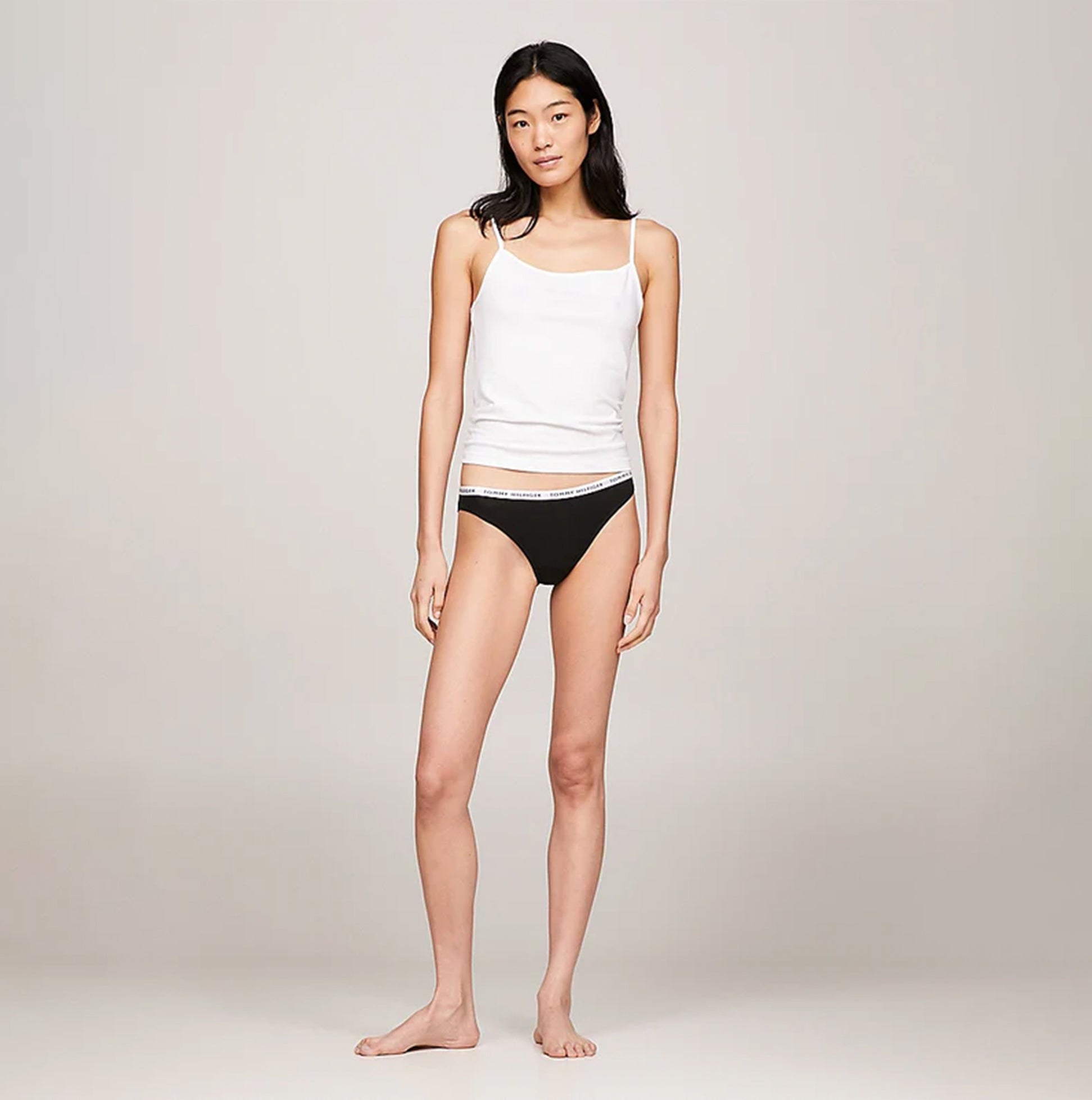 Tommy Hilfiger BIKINI 3 Pack Womens Briefs Black front view model wearing briefs with white tank top.