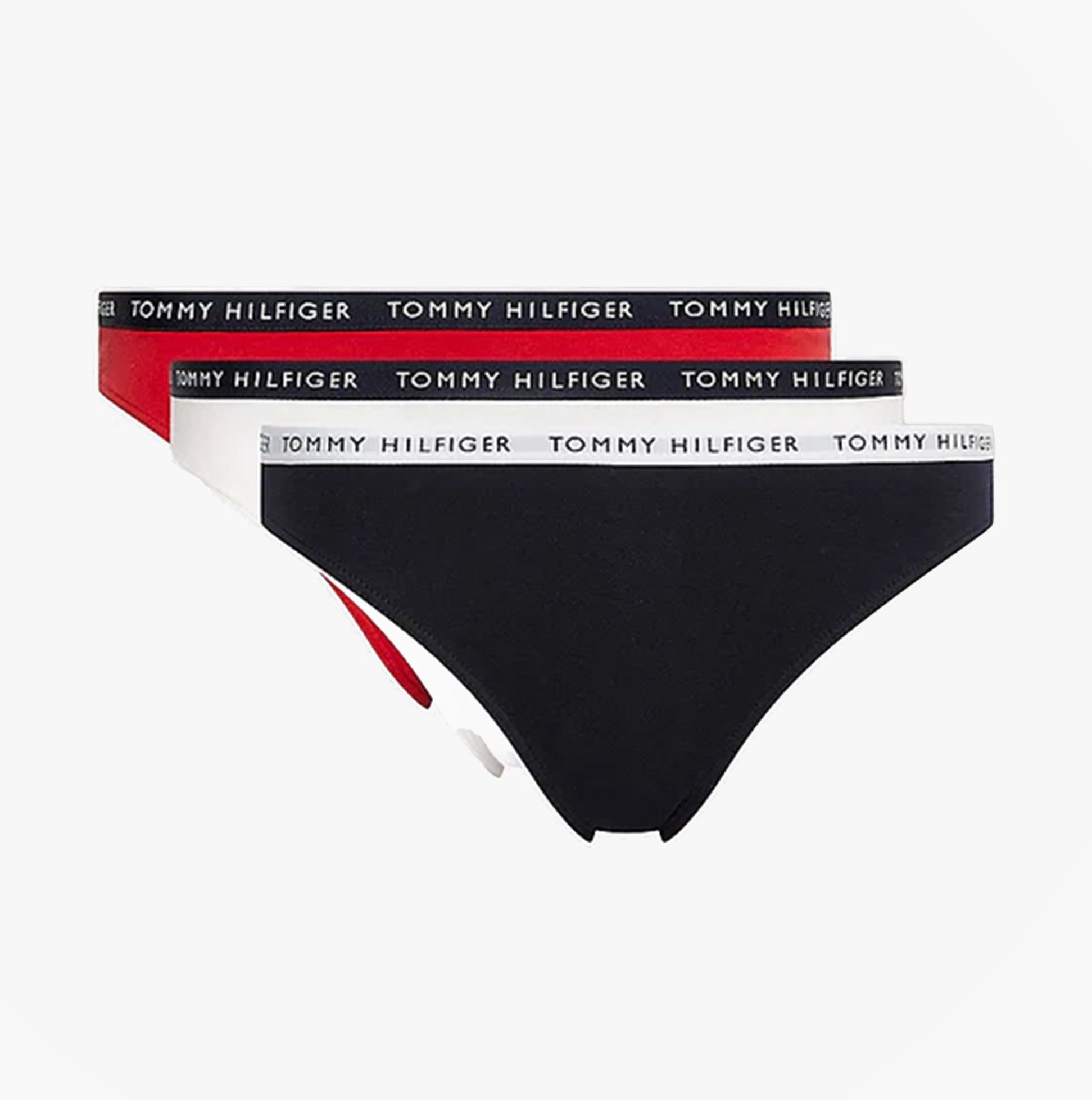 Tommy Hilfiger BIKINI 3 Pack Womens Briefs Desert Sky/White/Primary Red front view with logo waistband on black, white, and red briefs.
