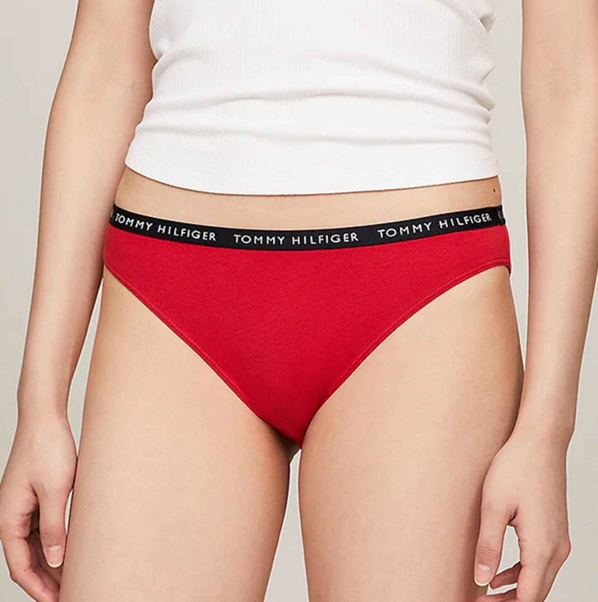 Tommy Hilfiger BIKINI 3 Pack Womens Briefs Desert Sky/White/Primary Red front view featuring red brief with logo waistband.