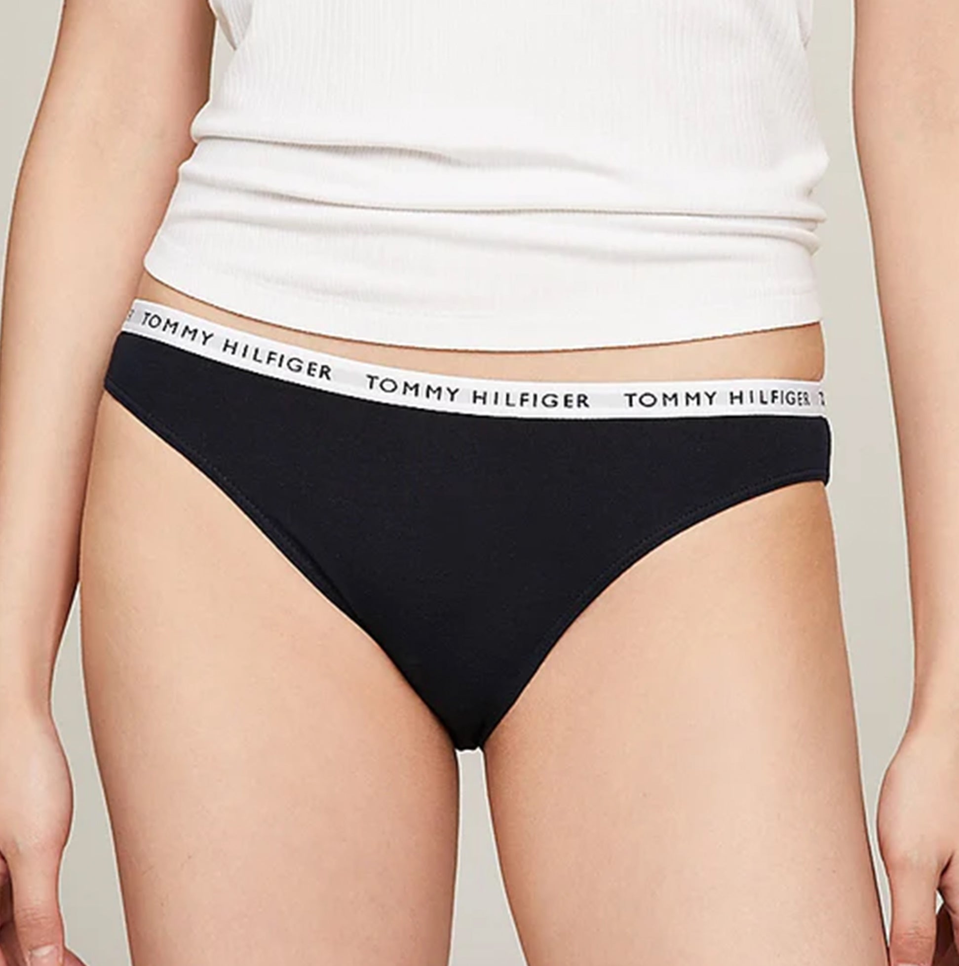 Tommy Hilfiger BIKINI 3 Pack Womens Briefs Desert Sky/White/Primary Red side view of black briefs with logo waistband.