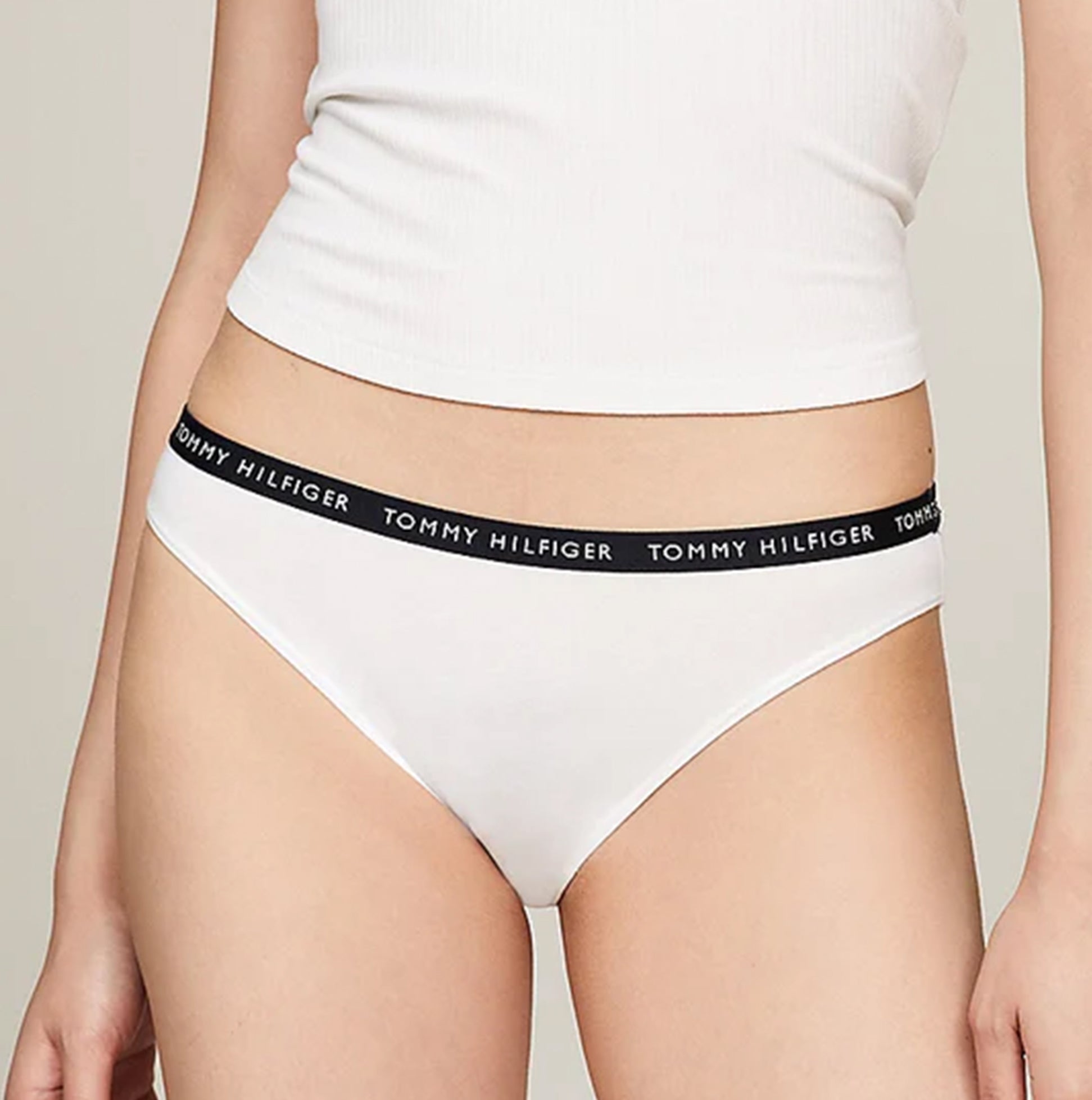 Tommy Hilfiger BIKINI 3 Pack Womens Briefs Desert Sky/White/Primary Red front view showing white bikini with logo waistband.