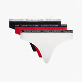Tommy Hilfiger THONG 3 Pack Womens White/Desert Sky/Primary Red front view, featuring white, red, and black thongs with logoed waistbands.