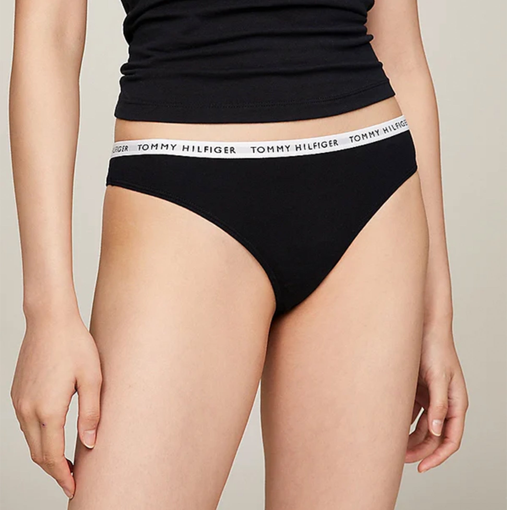 Tommy Hilfiger THONG 3 Pack Womens White/Desert Sky/Primary Red side view showcasing high-cut leg and logo waistband.