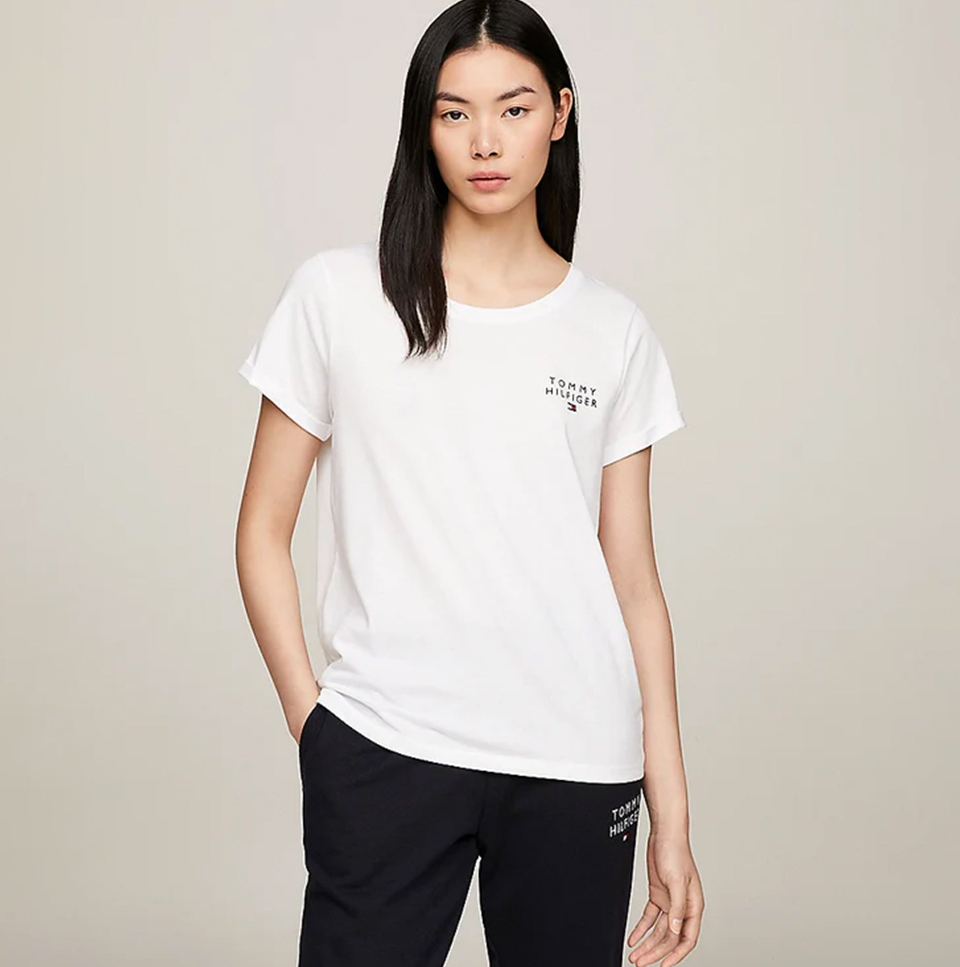 Tommy Hilfiger PURE COTTON Womens T-Shirt White front view with TH logo, featuring short sleeves and crew neck.
