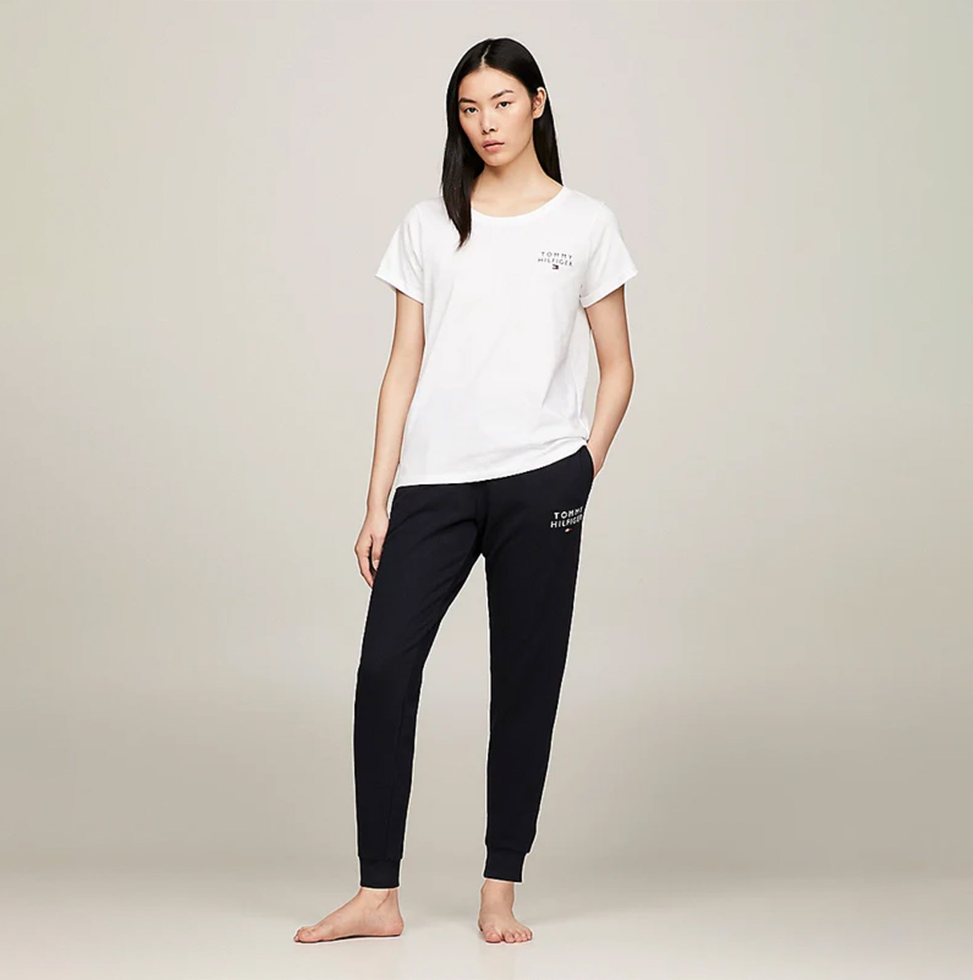 Tommy Hilfiger PURE COTTON Womens T-Shirt White front view worn with navy pants.