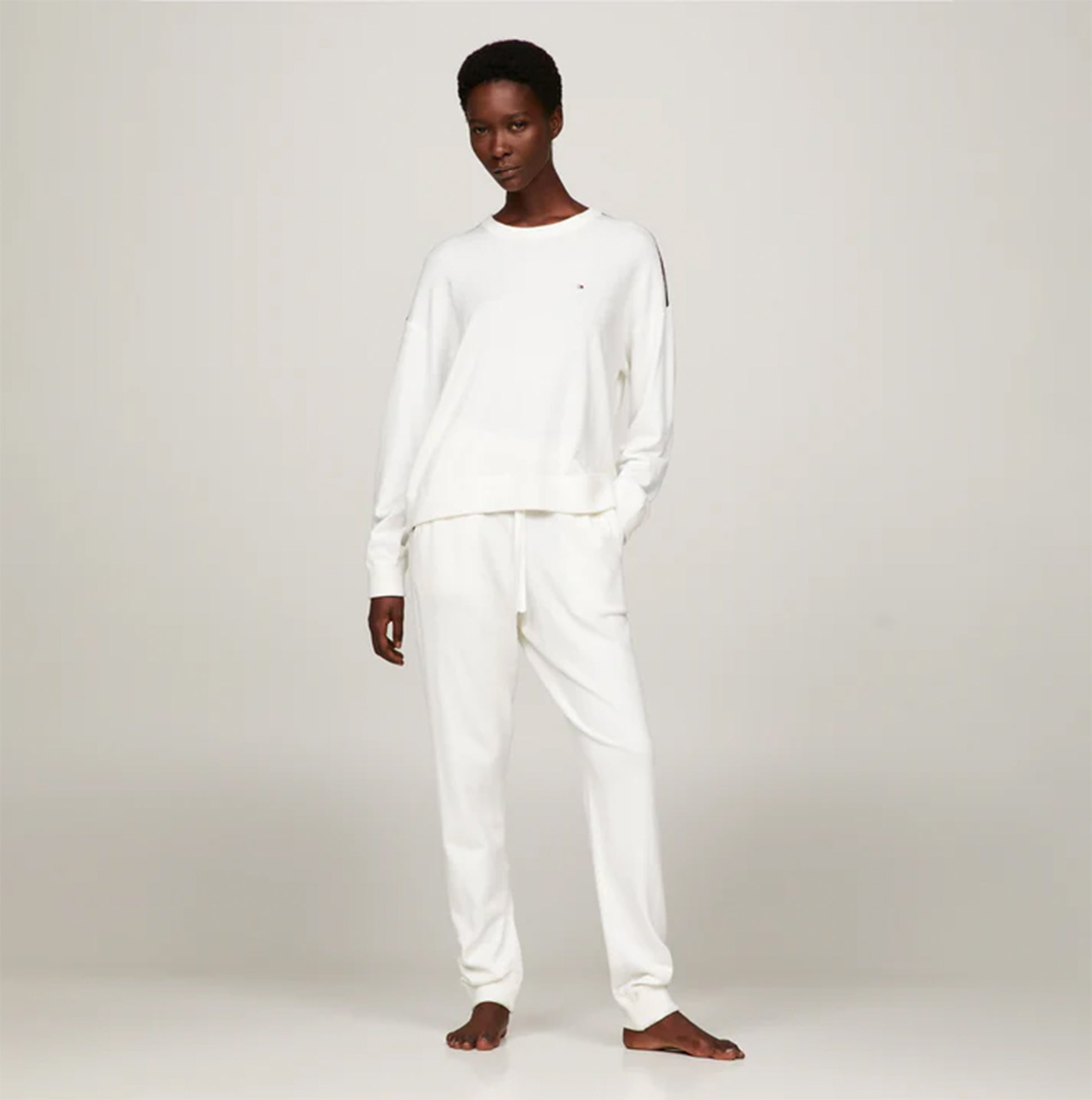 Tommy Hilfiger CUFF PANTS C&S Womens Pants Ecru front view showcasing the comfortable loungewear style.