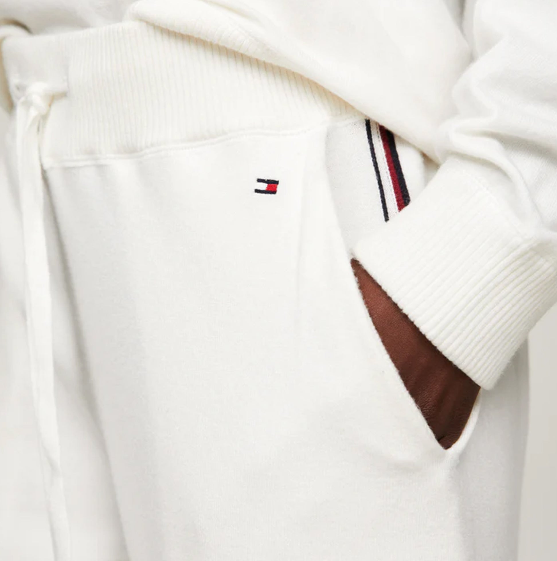 Tommy Hilfiger CUFF PANTS C&S Womens Pants Ecru detail view showing pocket and logo embroidery