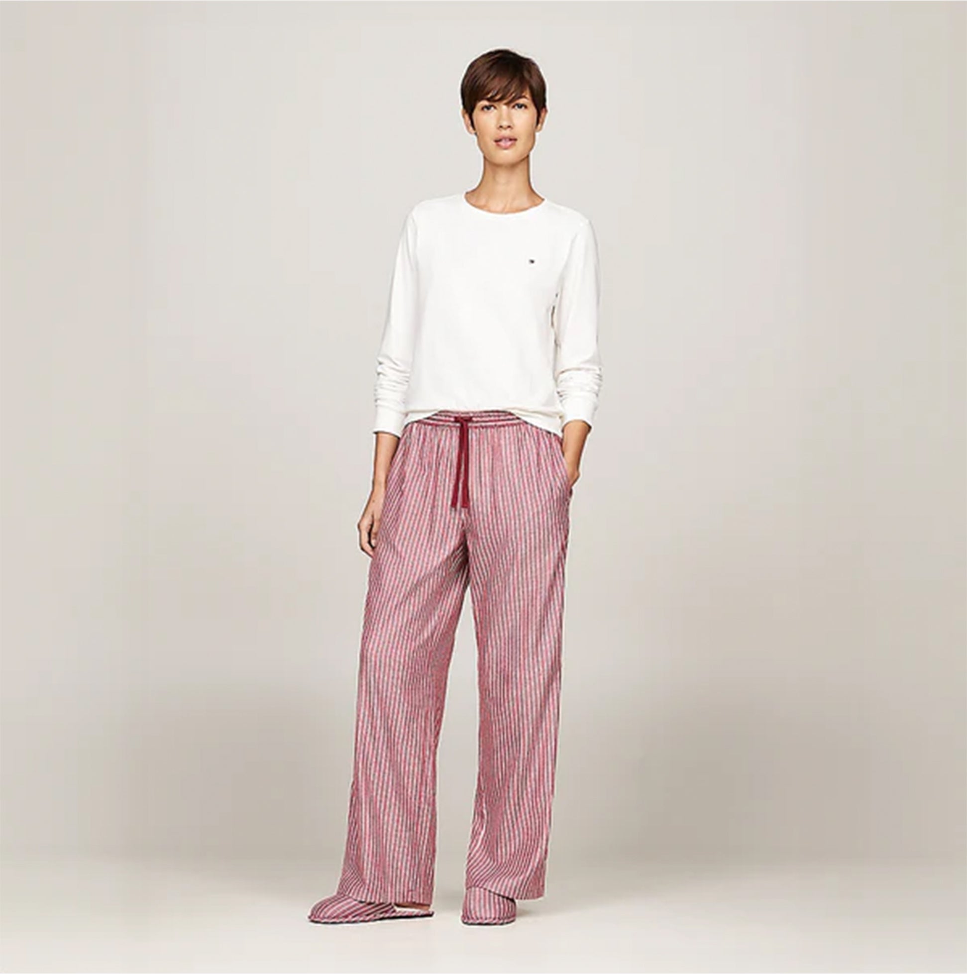 Tommy Hilfiger ORIGINAL Womens Flannel Pan Ivory/Pinstripe Rouge front view showcasing long-sleeve top and striped pants.