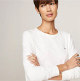 Tommy Hilfiger ORIGINAL Womens Flannel Pan Ivory/Pinstripe Rouge front view model wearing stylish long sleeve top with logo.