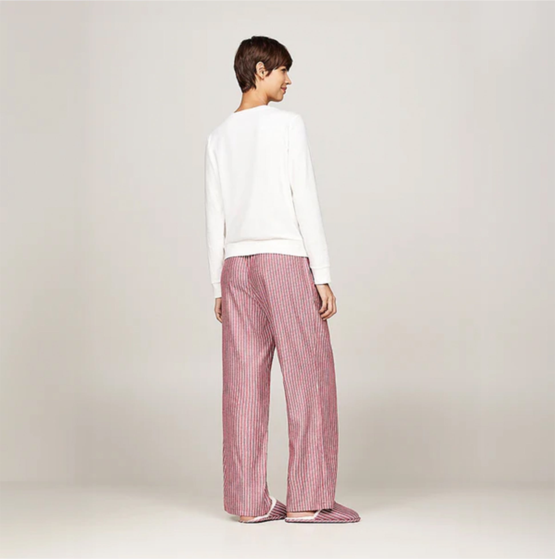 Tommy Hilfiger ORIGINAL Womens Flannel Pan Ivory/Pinstripe Rouge back view showcasing comfortable loungewear.