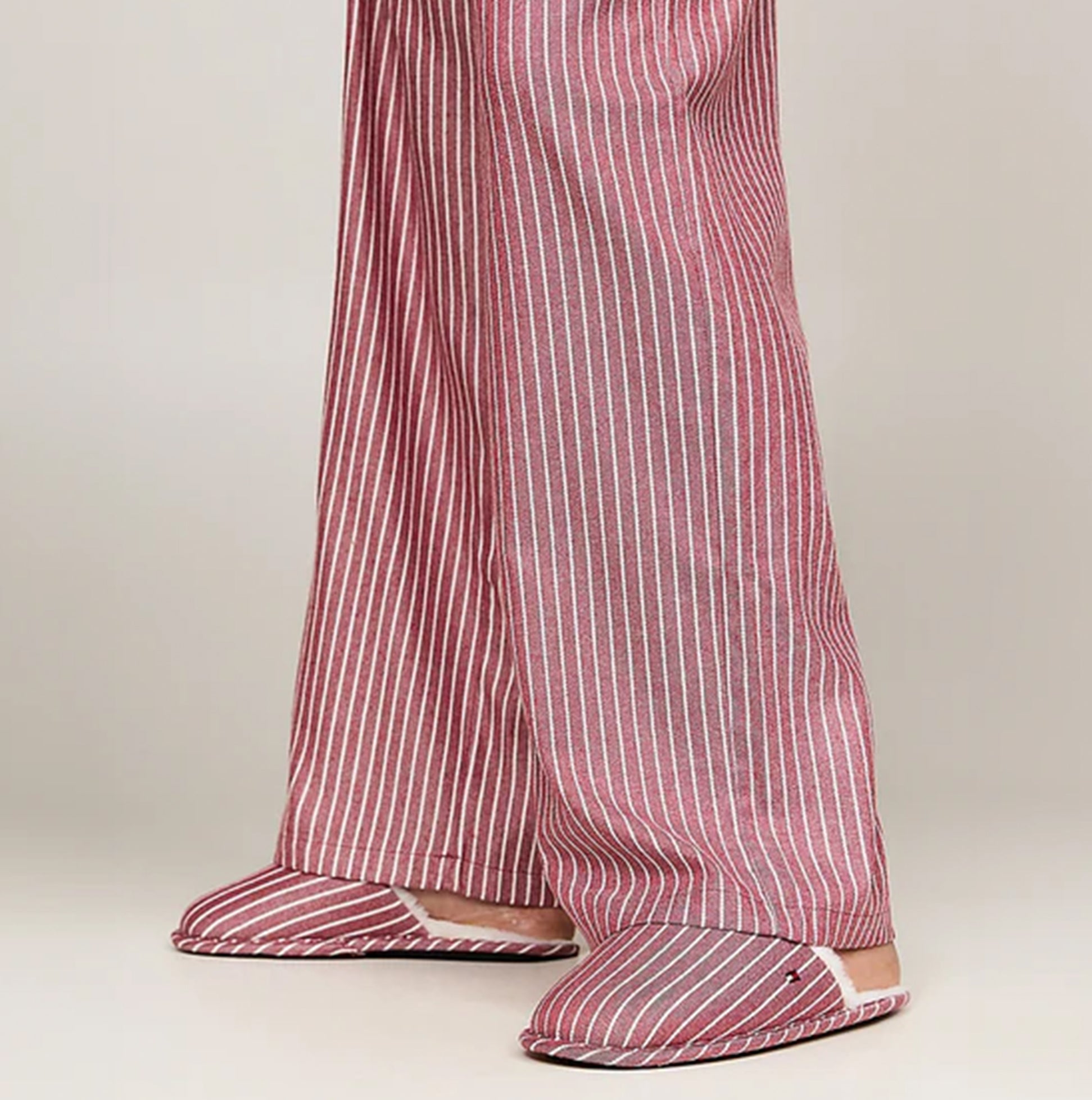 Tommy Hilfiger ORIGINAL Womens Flannel Pan Ivory/Pinstripe Rouge side view showing flannel pants and matching slippers.