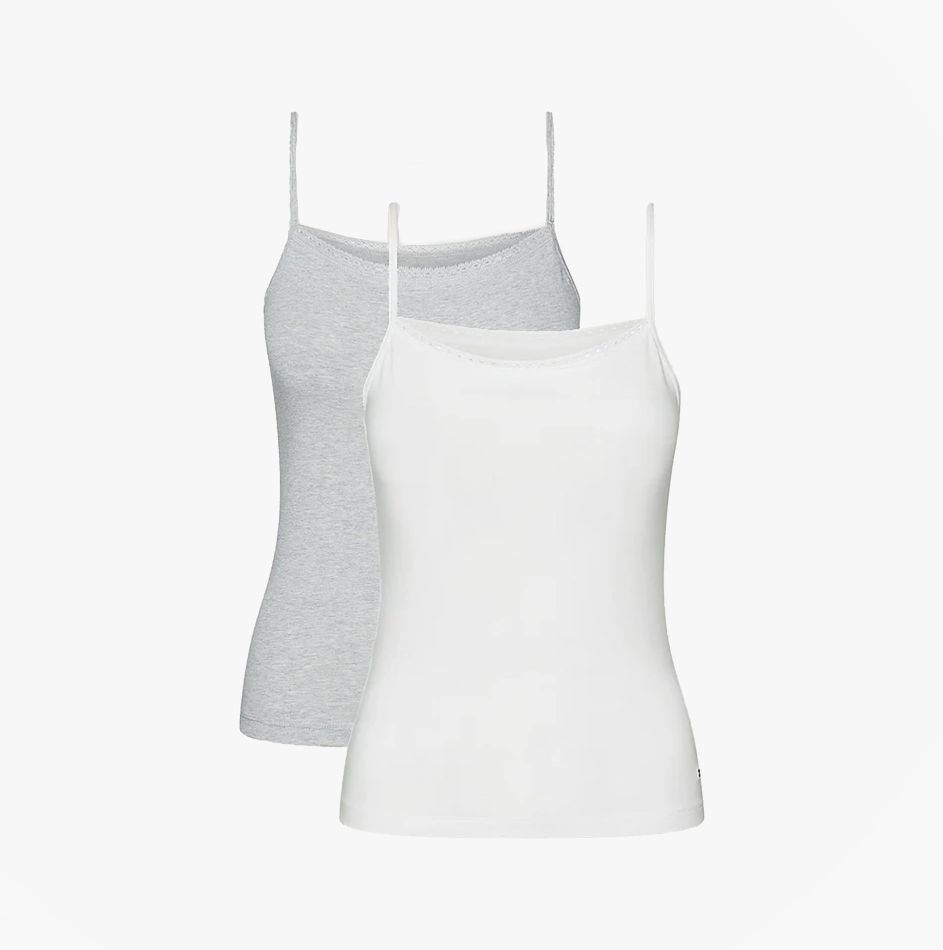 Tommy Hilfiger CAMI WITH LACE 2 Pack Womens White/Grey Heather front view showcasing spaghetti strap camisoles.
