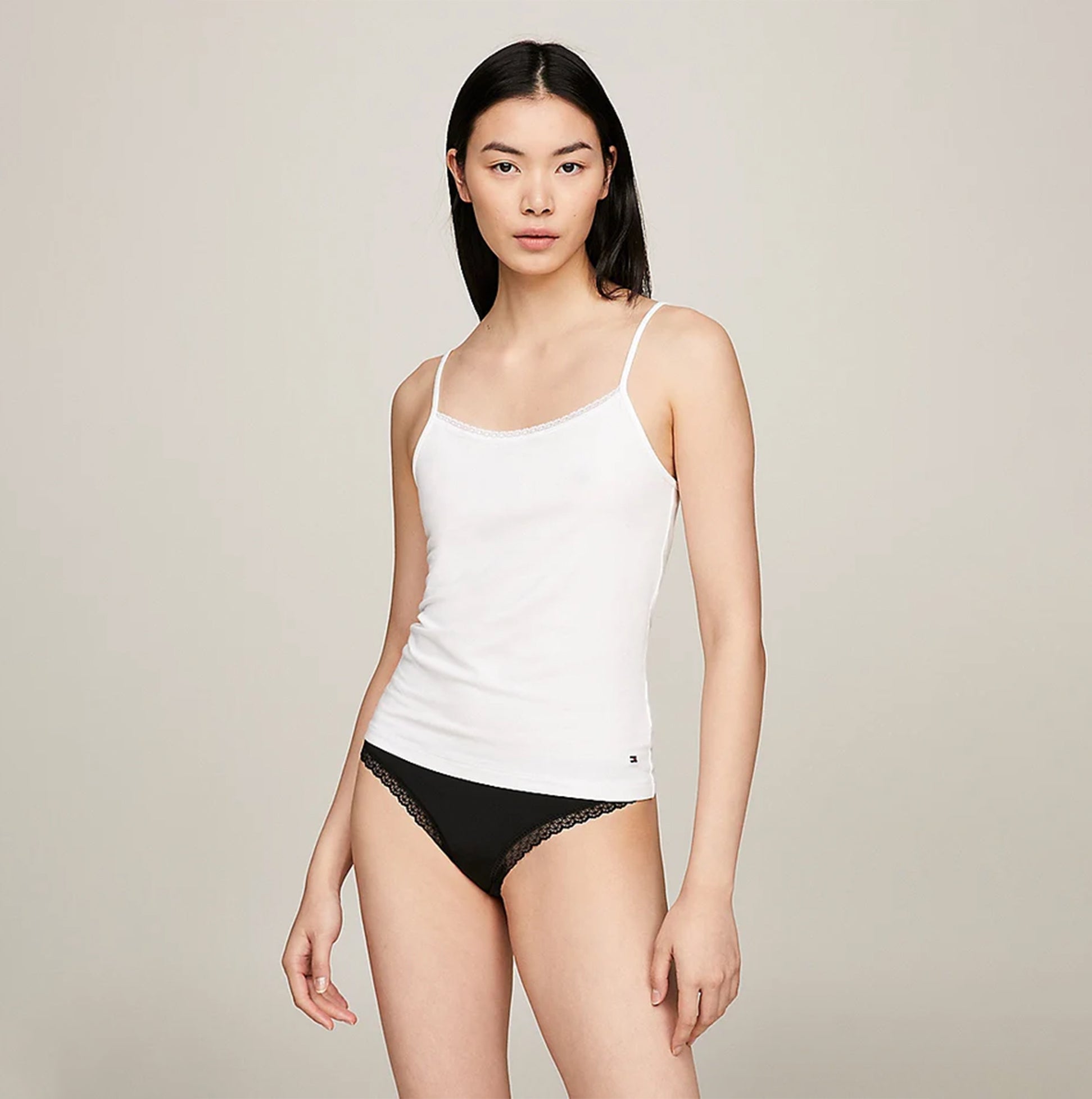 Tommy Hilfiger CAMI WITH LACE 2 Pack Womens White/Grey Heather front view of white spaghetti strap top with lace trim.