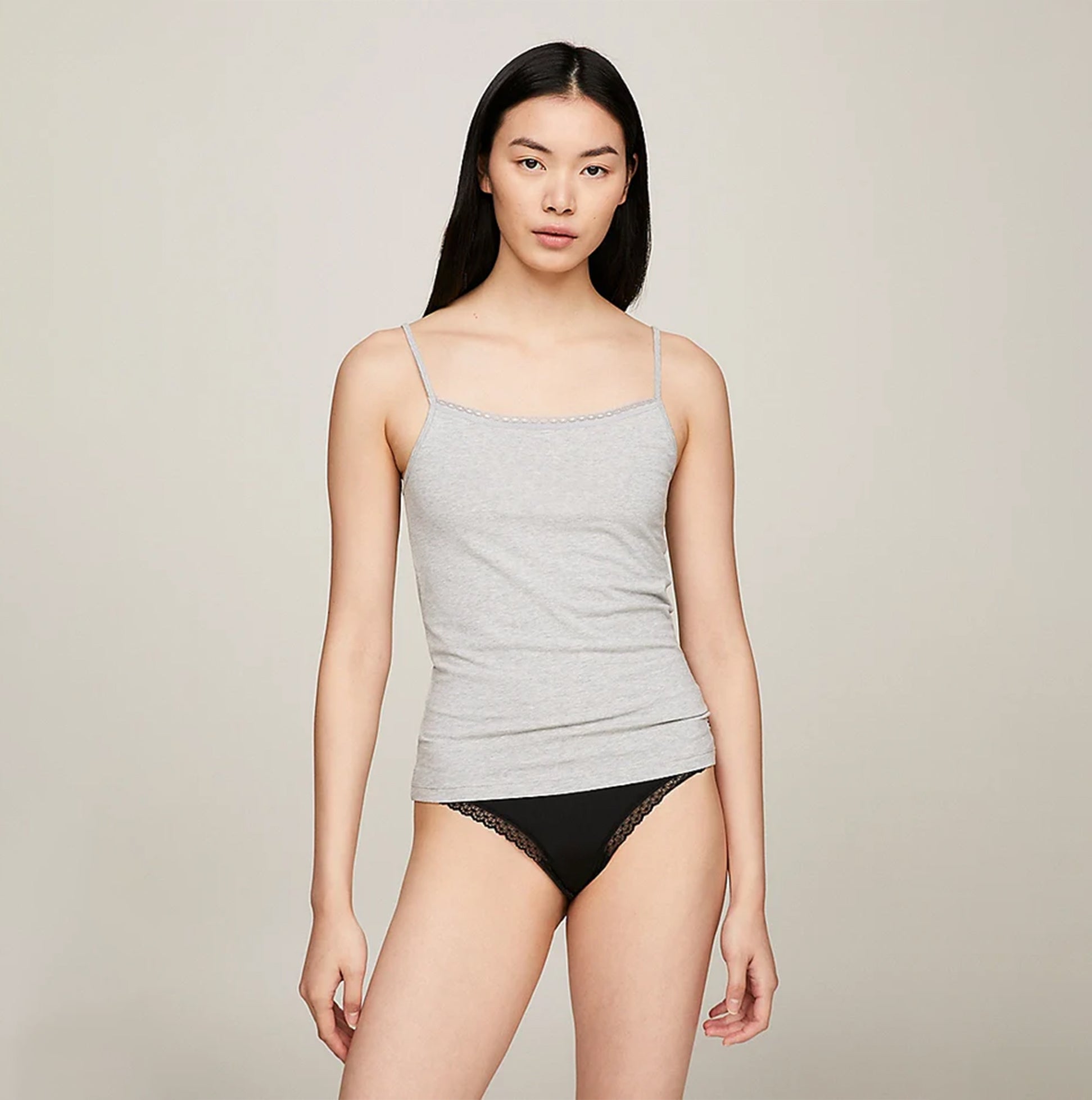 Tommy Hilfiger CAMI WITH LACE 2 Pack Womens White/Grey Heather front view of the grey cami with lace trim.