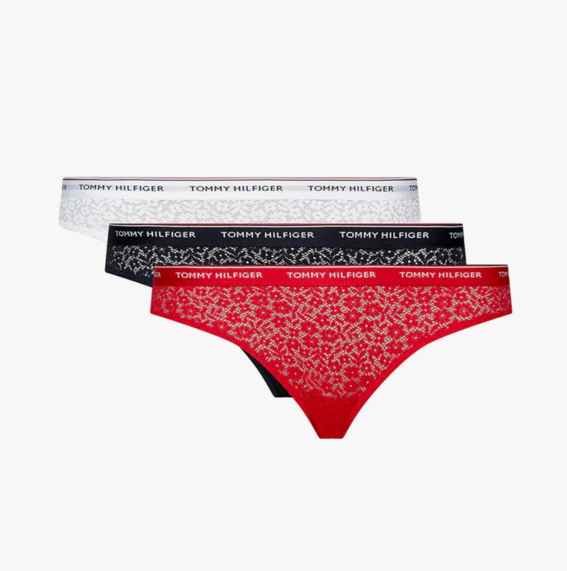 Tommy Hilfiger BIKINI LACE 3 Pack Womens Underwear Desert Sky/White/Primary Red side view showing three lace bikini styles.