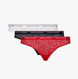 Tommy Hilfiger BIKINI LACE 3 Pack Womens Underwear Desert Sky/White/Primary Red side view showing three lace bikini styles.