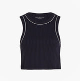 Tommy Hilfiger TANK TOP Womens Desert Sky front view in dark blue with ribbed texture and white piping.