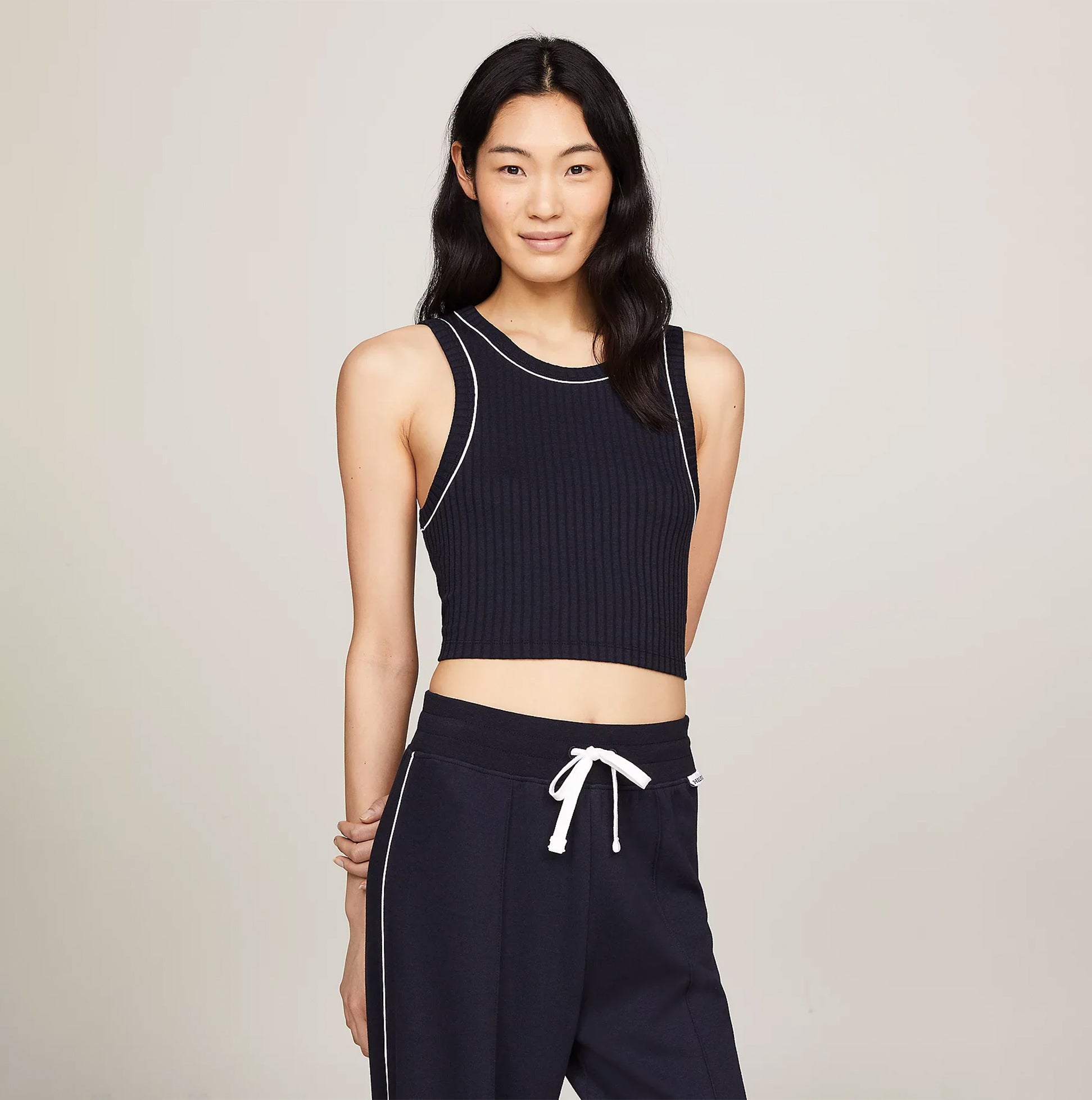 Tommy Hilfiger TANK TOP Womens Desert Sky front view, sleeveless, lightweight, stylish design in dark color.