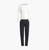 Tommy Hilfiger ORIGINAL Womens Pyjama Set Ancient White/Star Navy front view showcasing long-sleeve top and patterned pants.