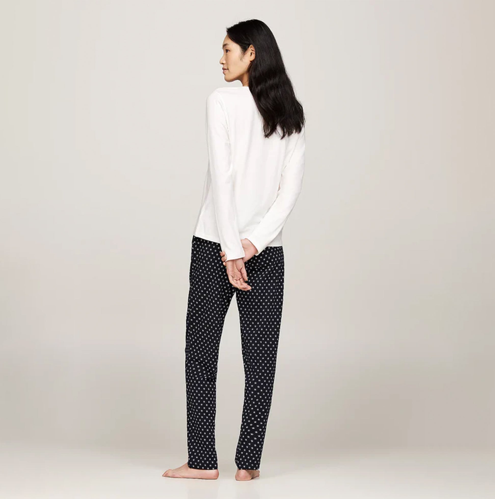 Tommy Hilfiger ORIGINAL Womens Pyjama Set Ancient White/Star Navy back view featuring long sleeves and printed bottoms.
