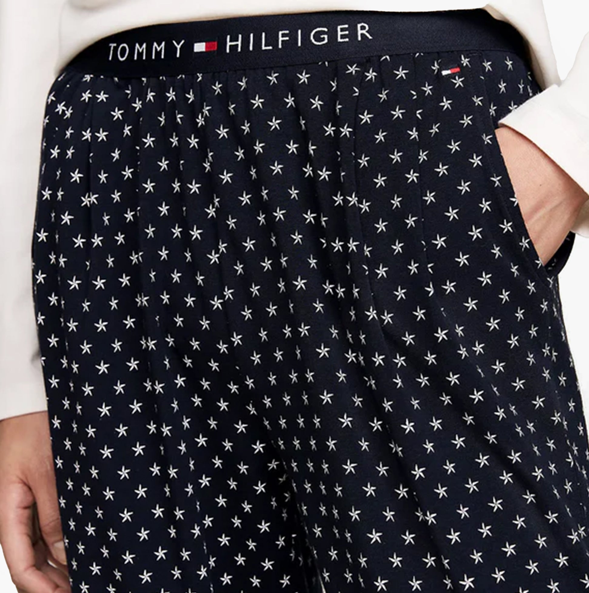 Tommy Hilfiger ORIGINAL Womens Pyjama Set Ancient White/Star Navy detail view of elasticated drawstring waistband with star print.